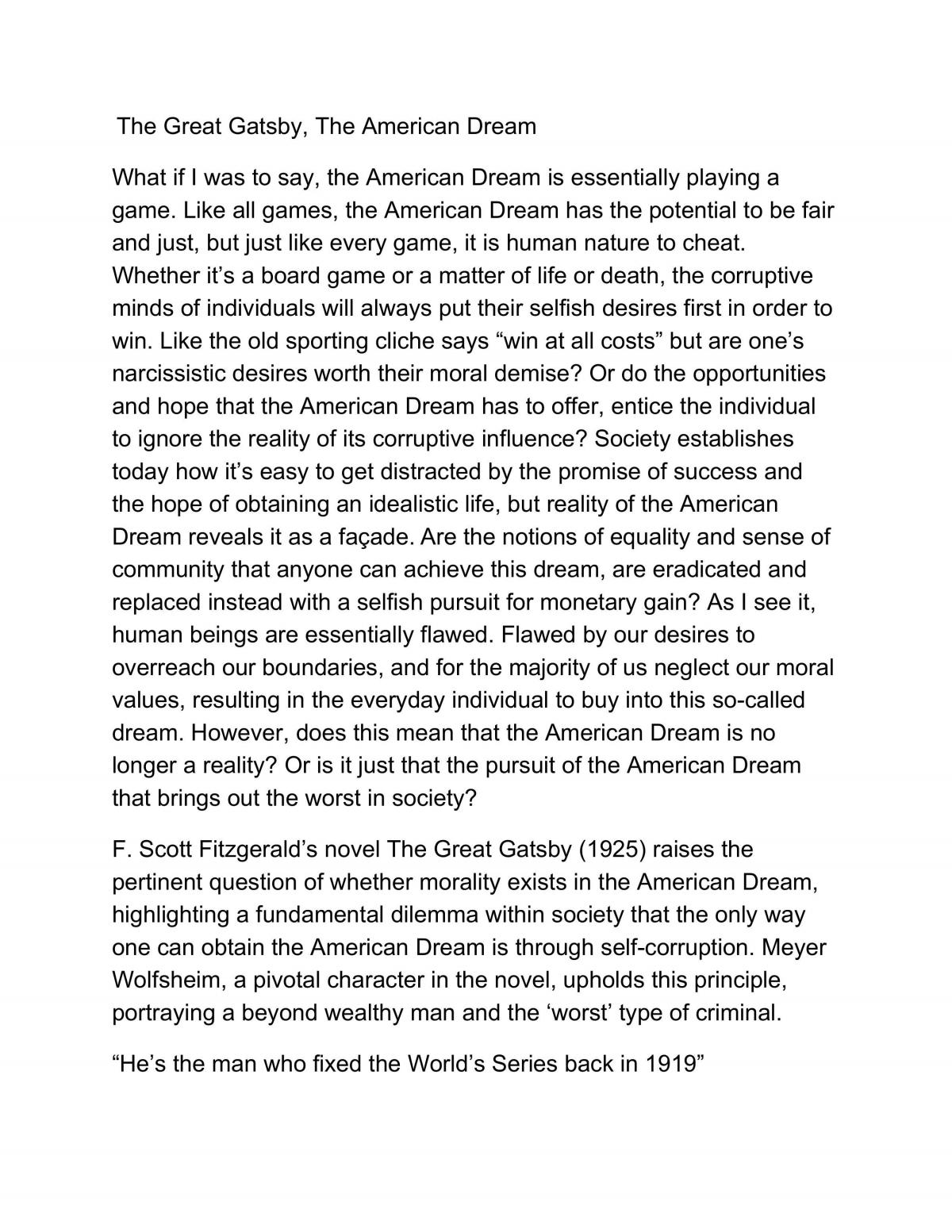 the great gatsby essay on the american dream