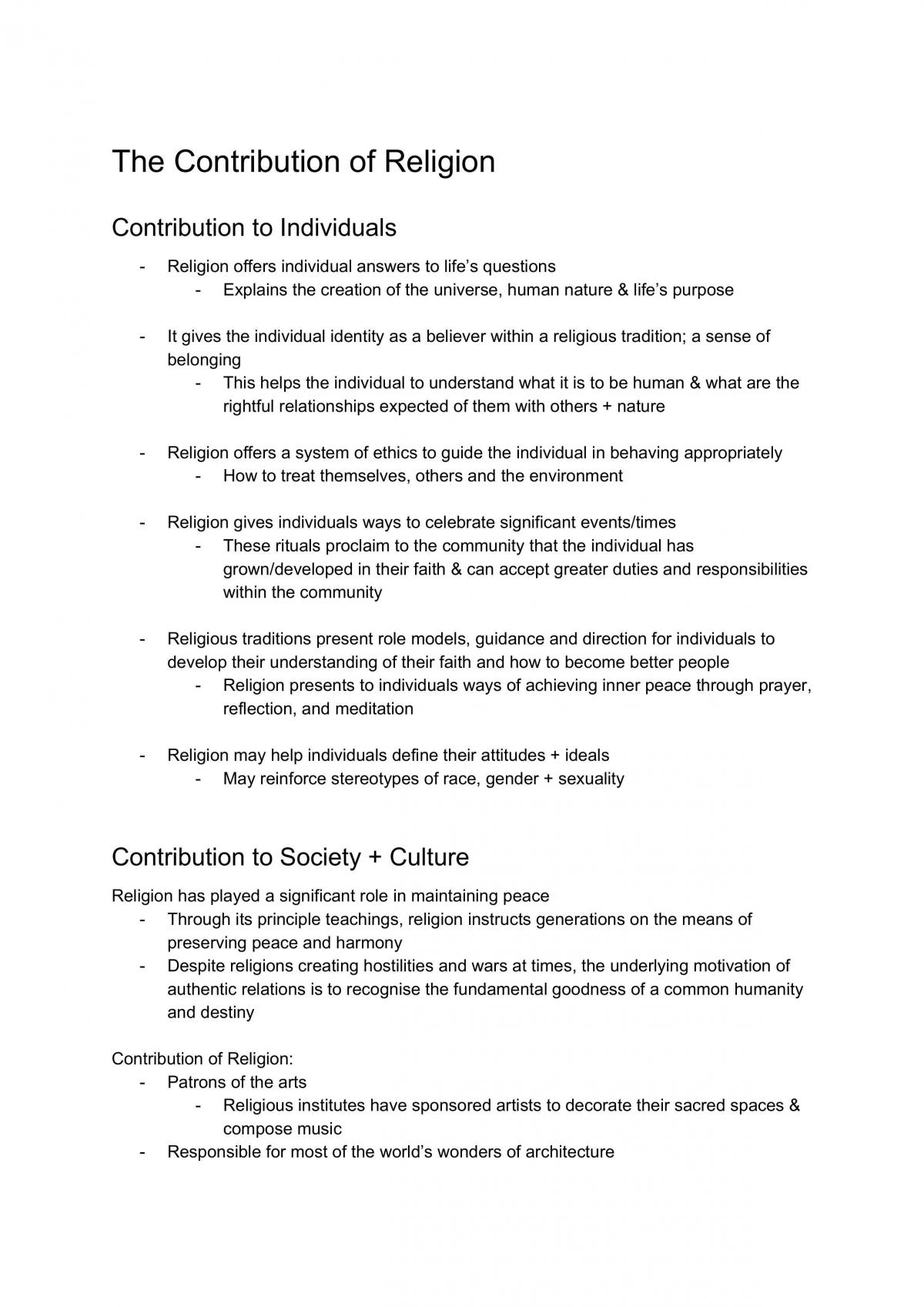 Contribution of Religion Notes - Page 1