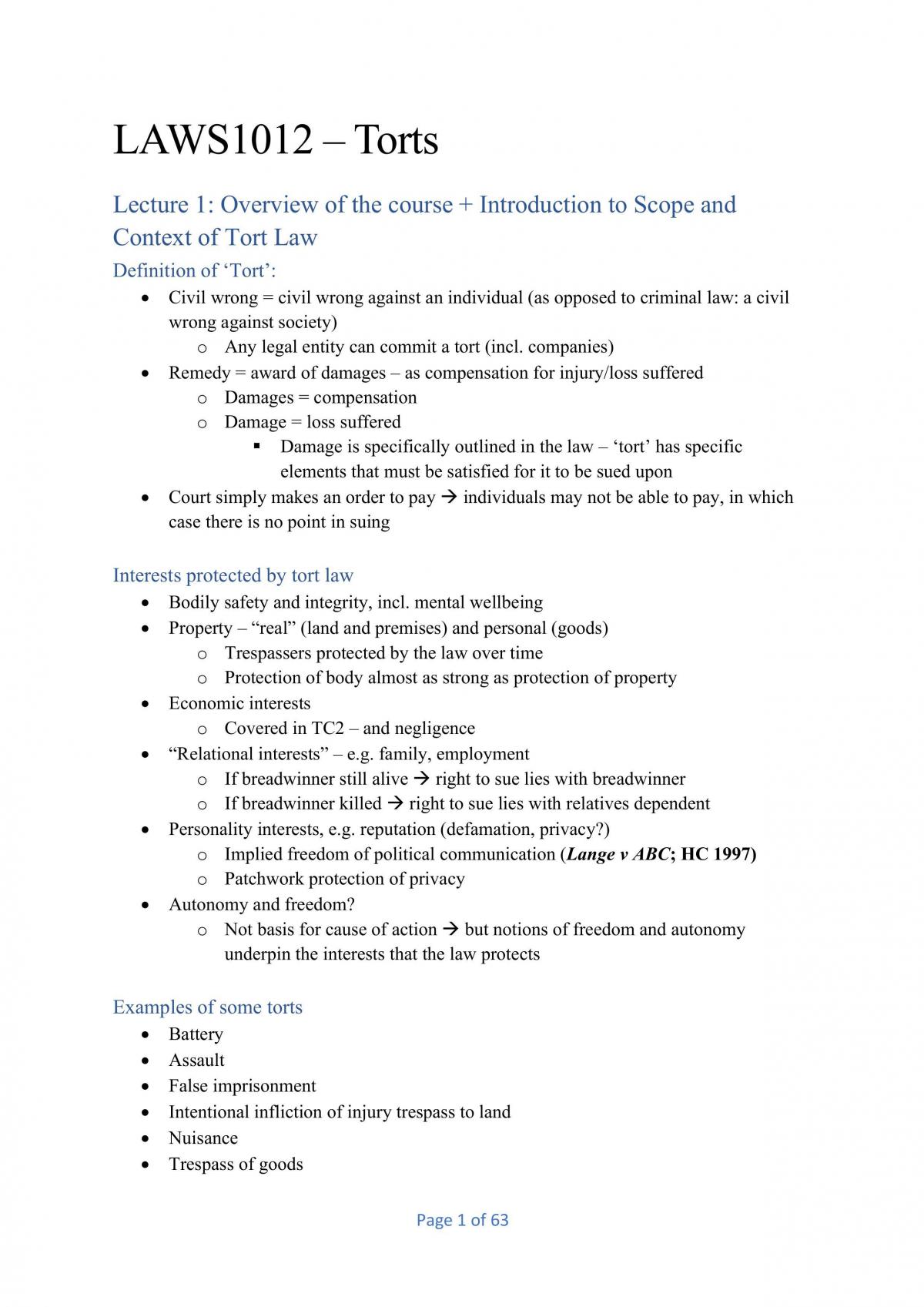 LAWS1012 Final Exam Notes - Page 1