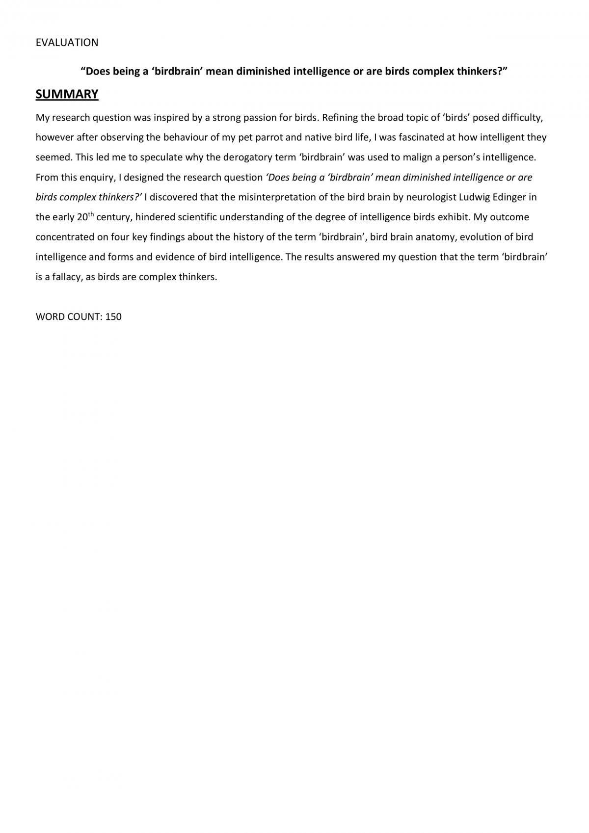 RPB Evaluation - Does being a 'birdbrain' mean diminished intelligence or are birds complex thinkers? - Page 1