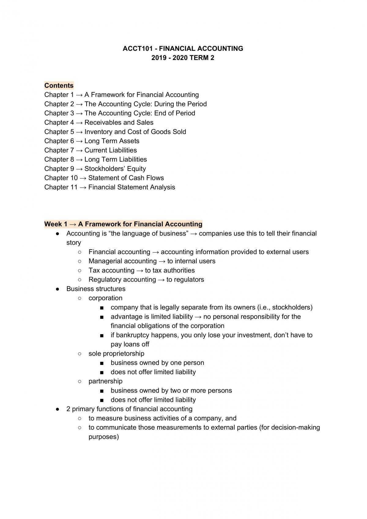 ACCT101 - Financial Accounting - Full Notes - Page 1