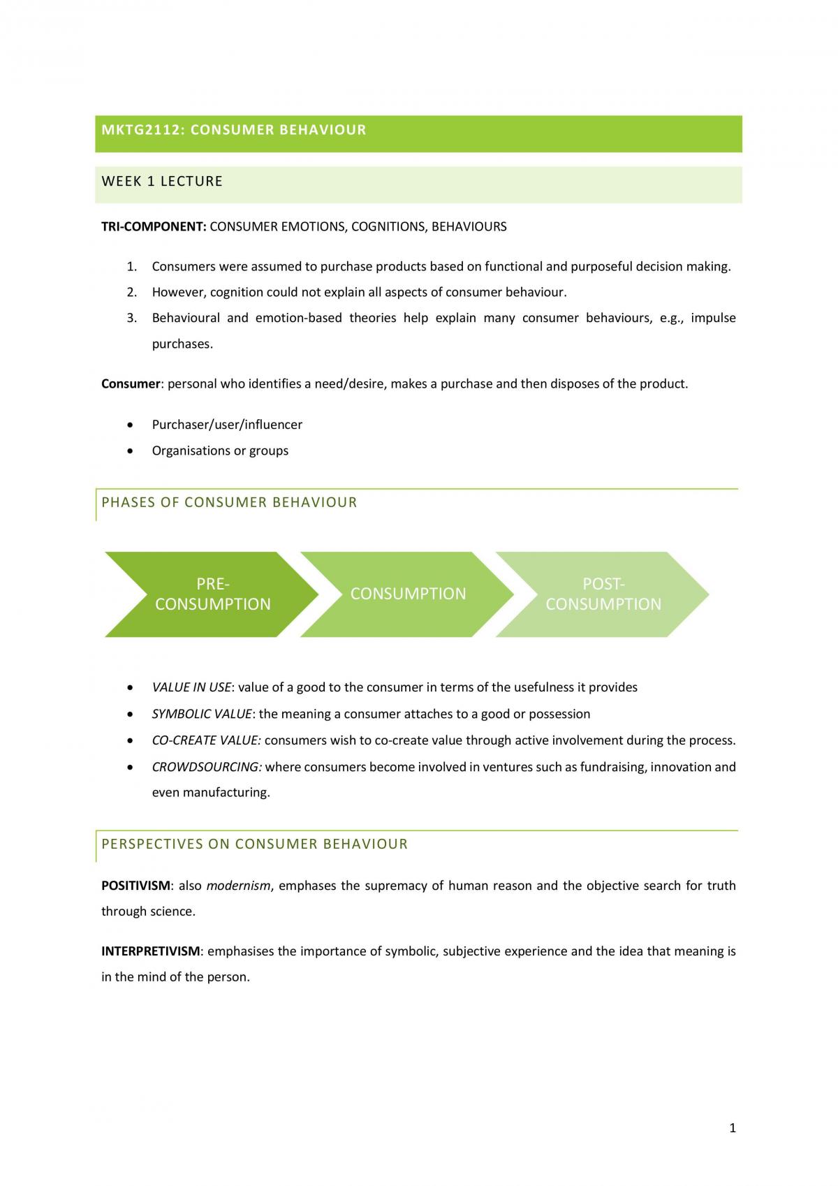MKTG2112 Consumer Behaviour Full Semester Final Exam Study Notes - Page 1