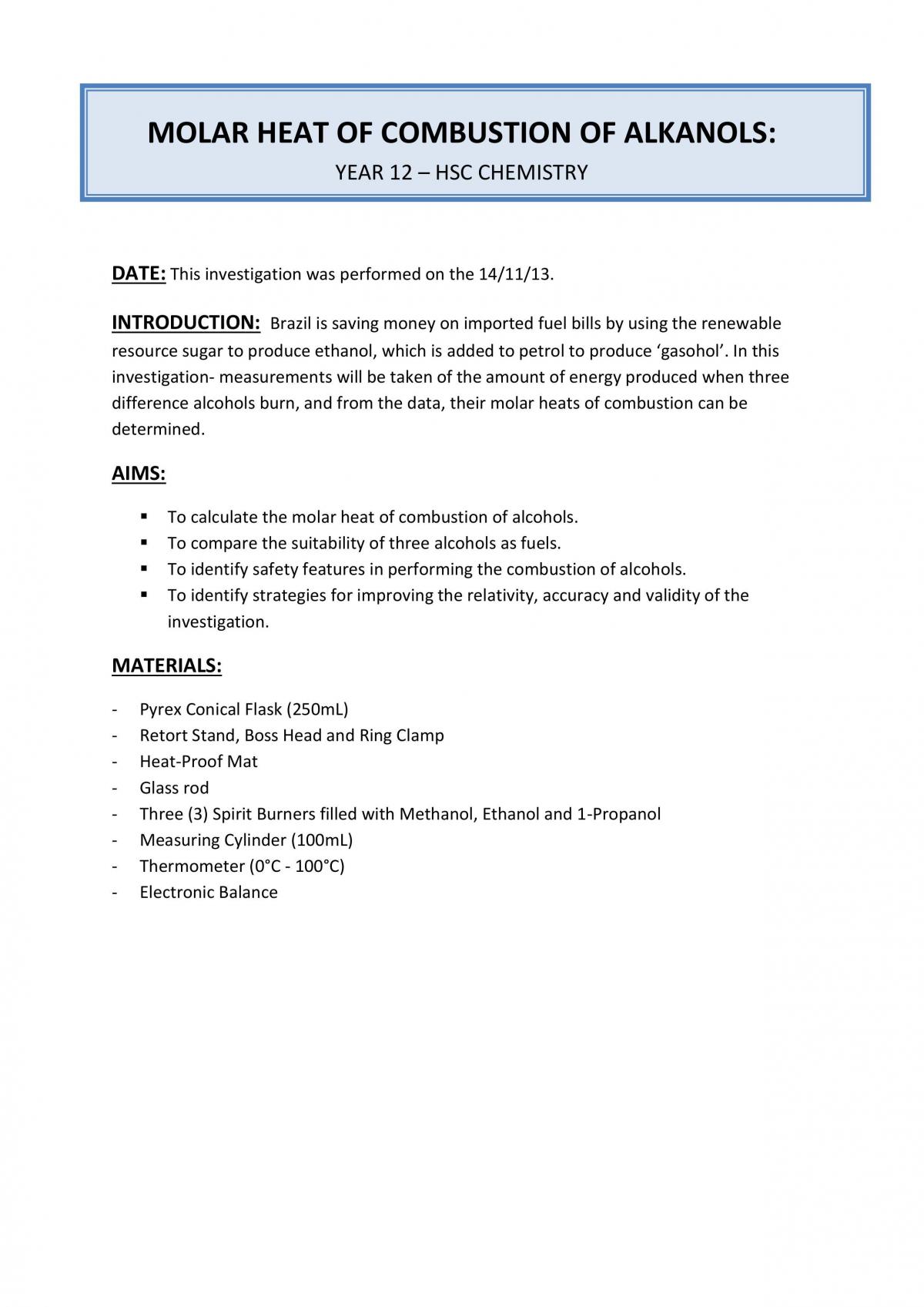 Molar Heats of Combustion Practical - Page 1