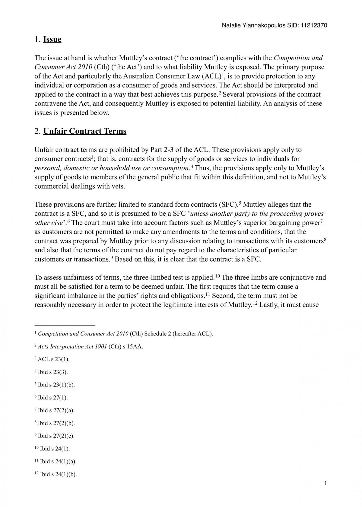 Commercial Law Essay - Australian Consumer Law - Page 1