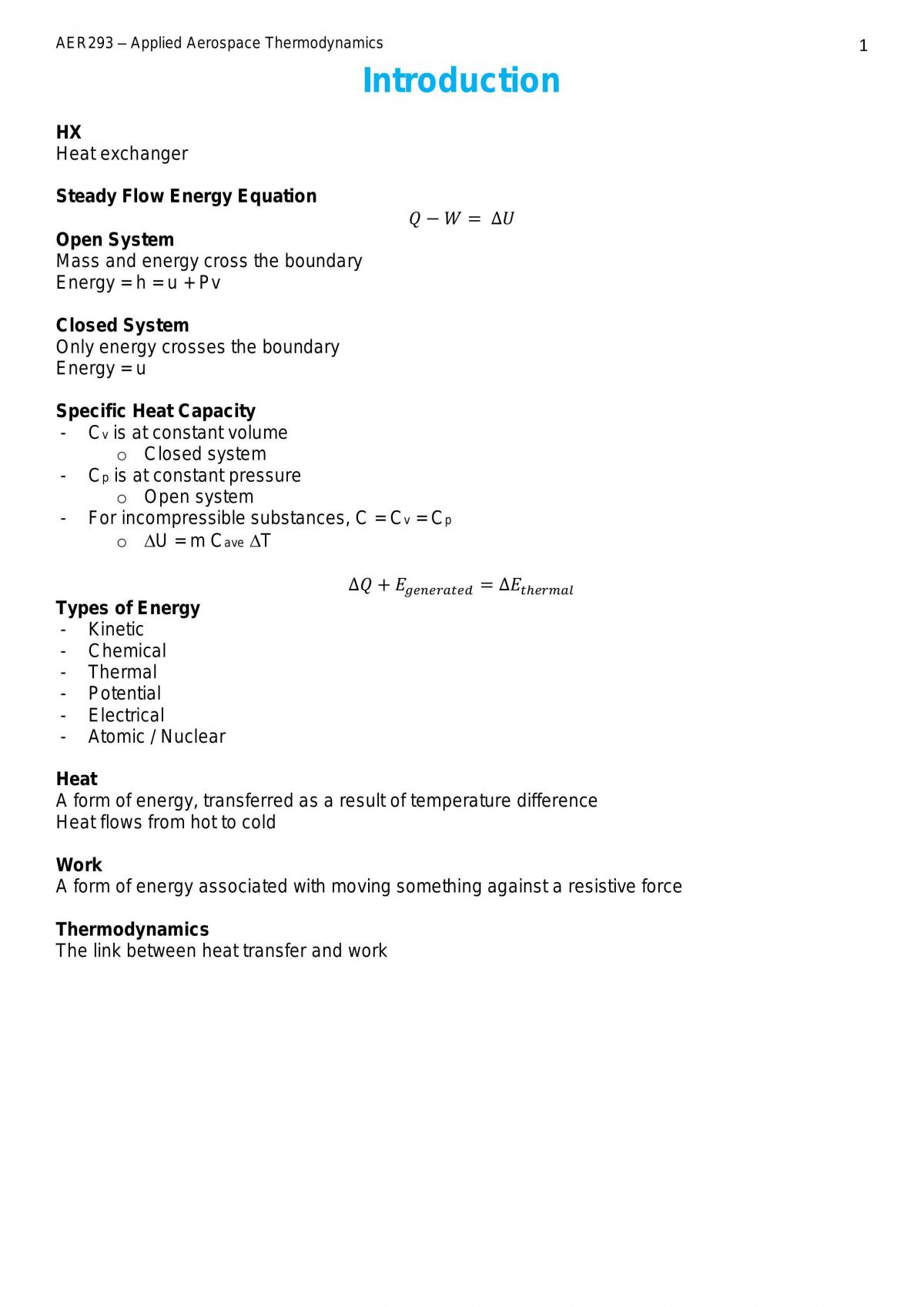 Applied Aerospace Thermodynamics Notes - Page 1