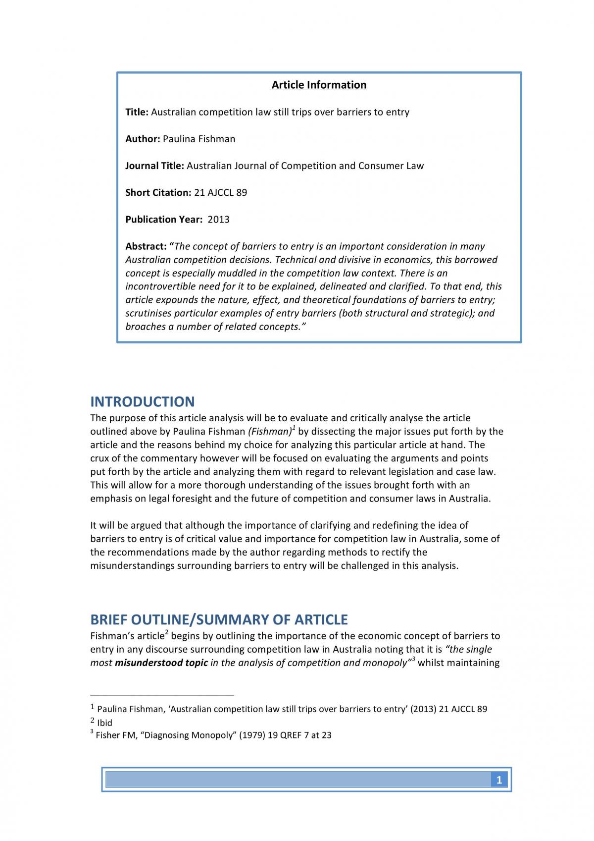 Critical Analysis of Article (Barriers to Entry) - Page 1