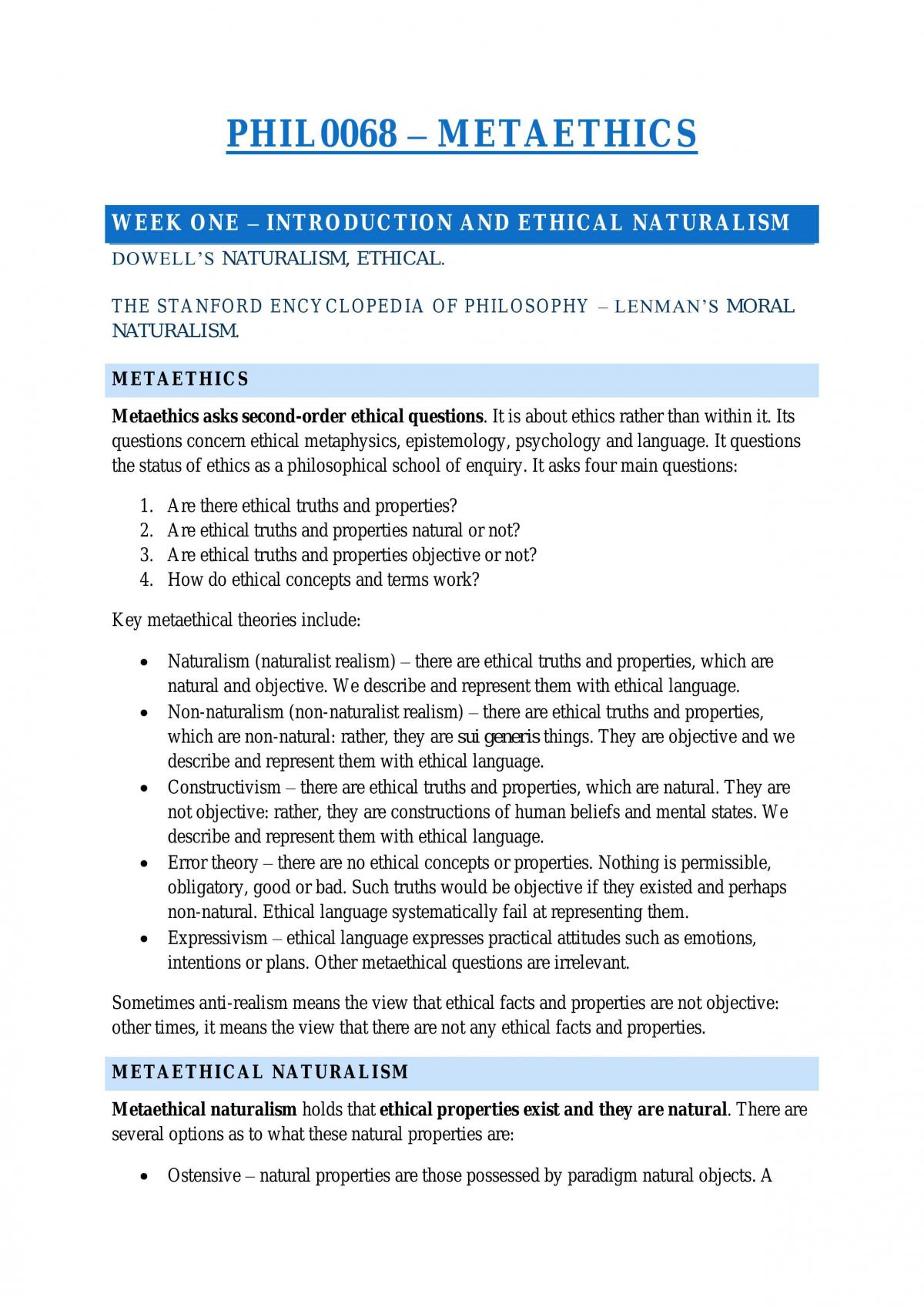 PHIL0068: Metaethics Notes - Page 1