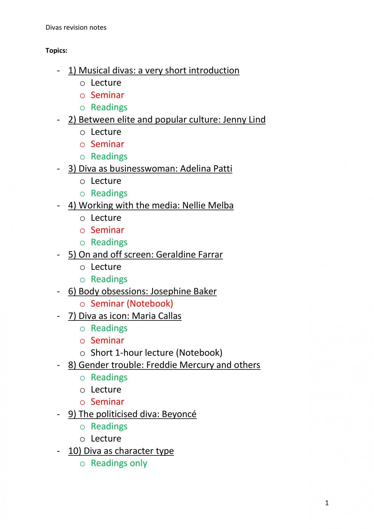 Completed revision notes for the Two Centuries of Divas module at the KCL Music department - Page 1
