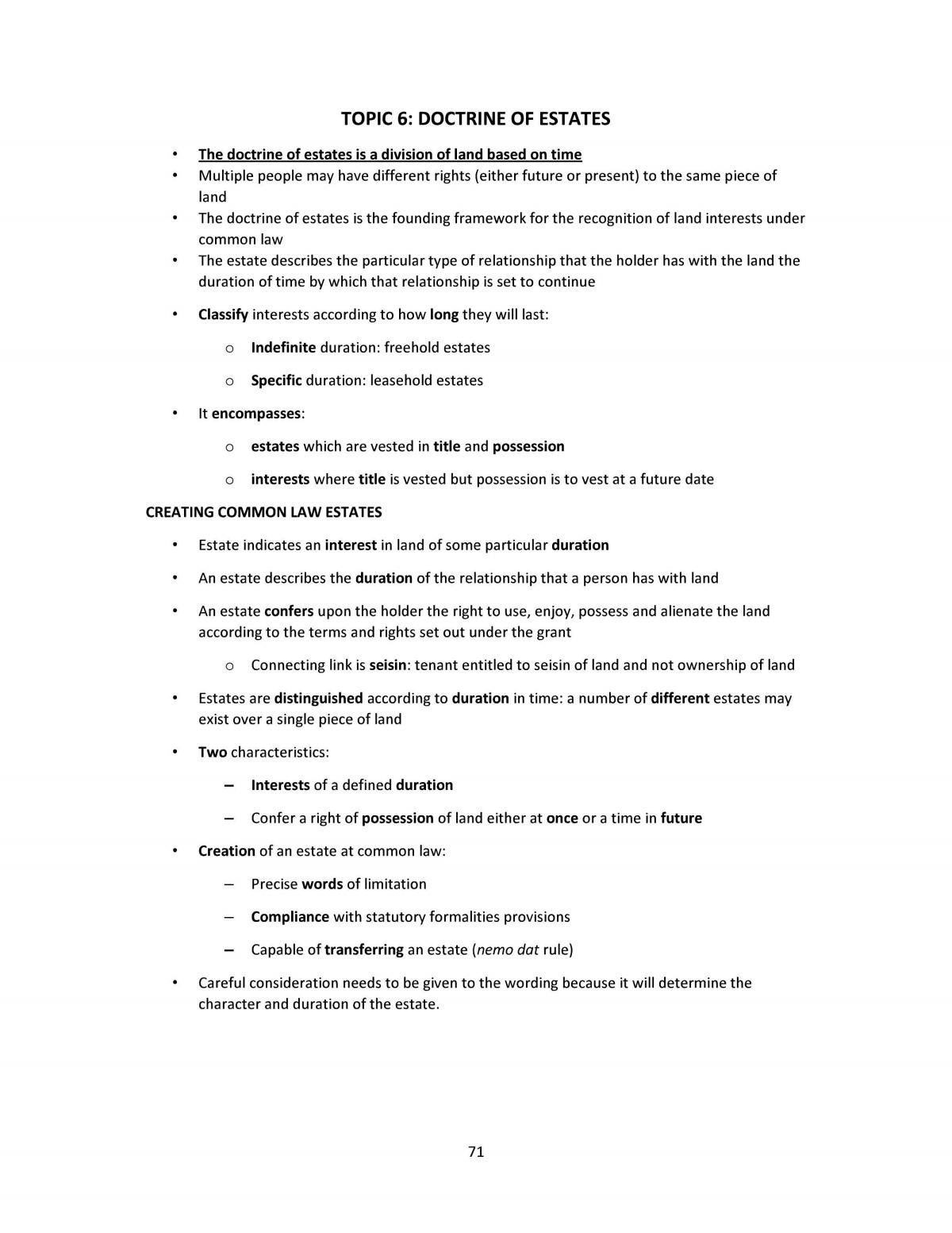 Topic 6 Study Notes Doctrine of Estates (MLL 405 Equity and Trusts) - Page 1