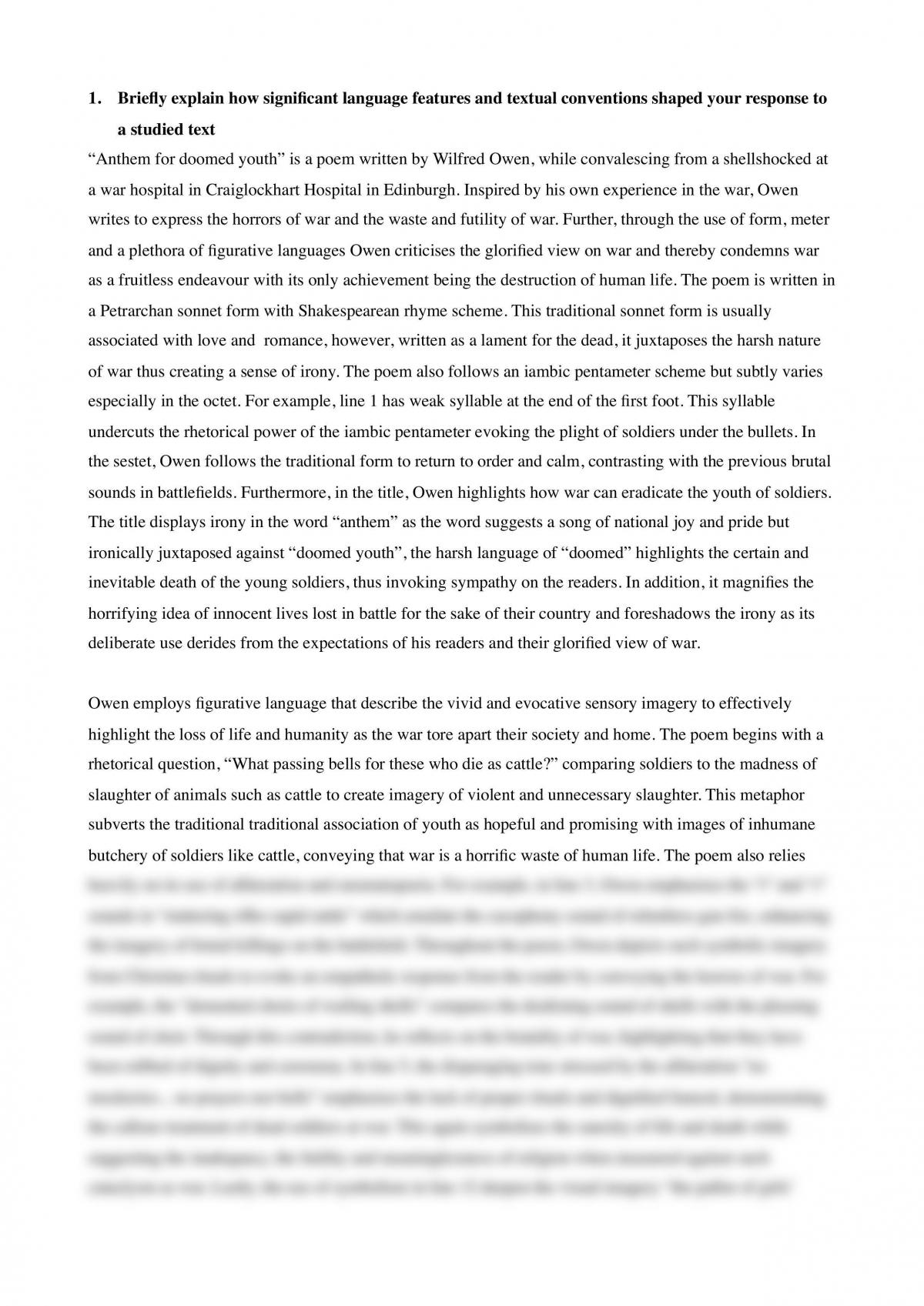 Anthem For Doomed youth- Briefly explain how significant language features and textual conventions shaped your response to a studied text - Page 1