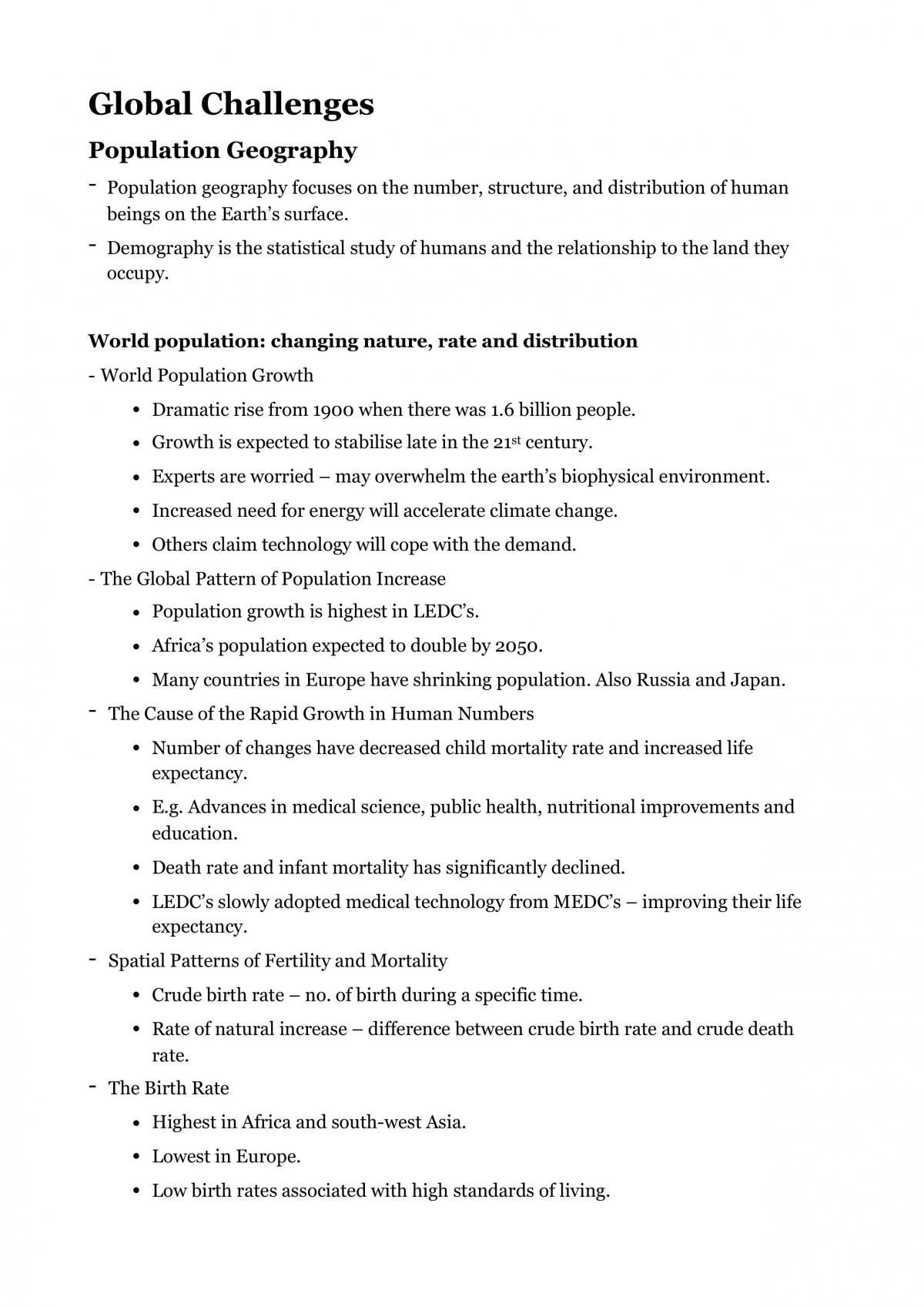 Prelim Geography: Global Challenges - Population Geography Full Notes - Page 1