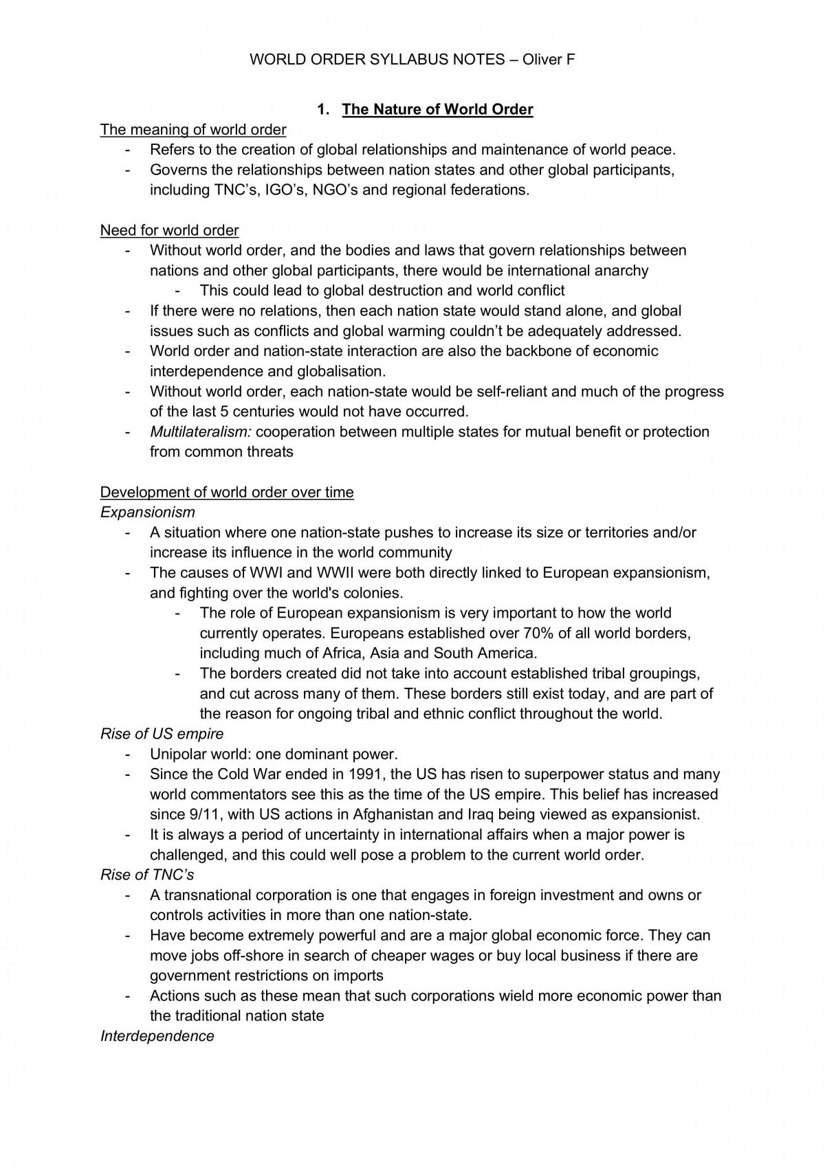 World Order Full Syllabus Notes  - Page 1