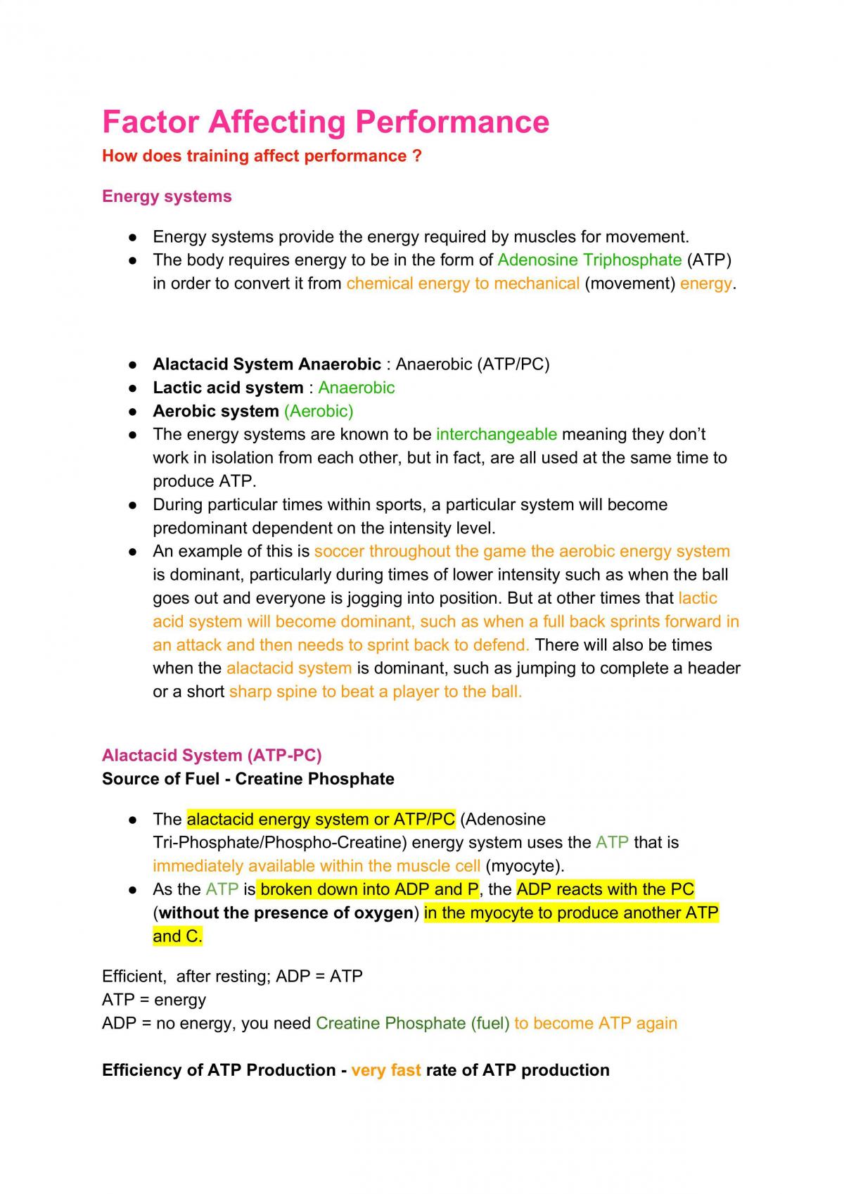 PDHPE Factors Affecting Performance Study Notes  - Page 1