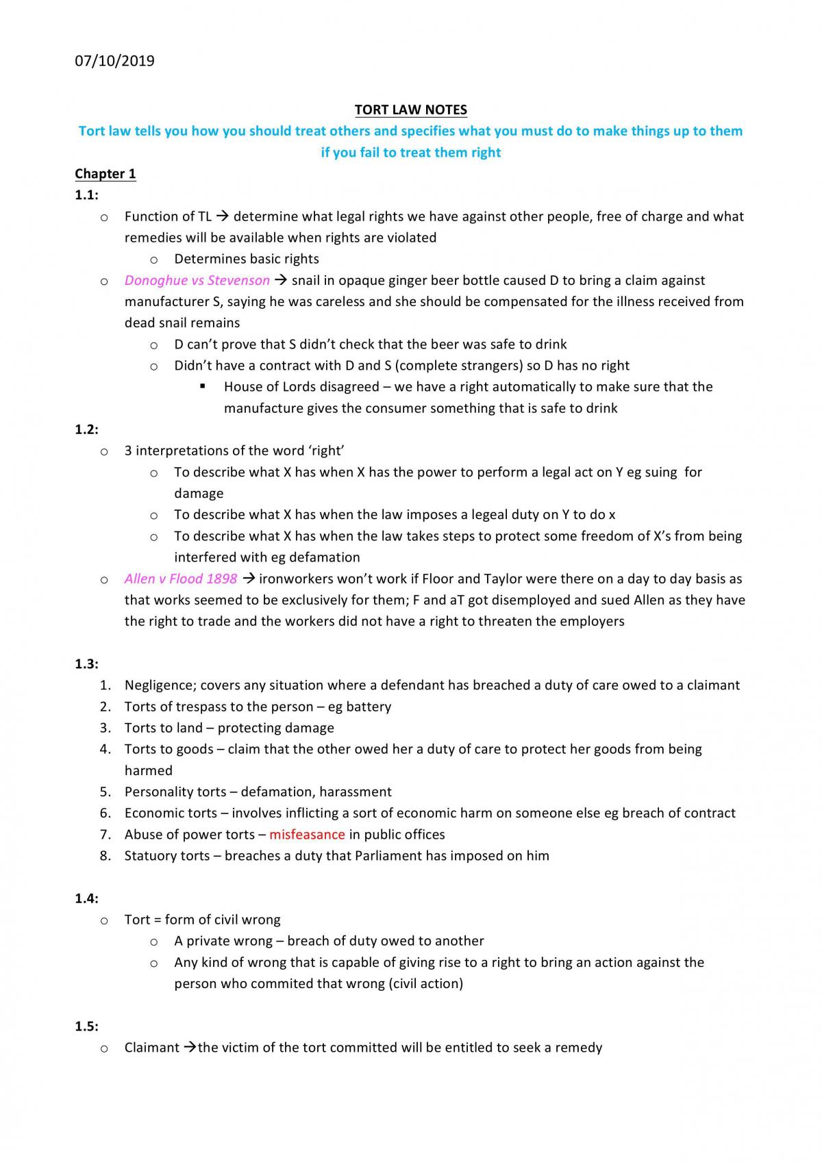 Tort law full notes - Page 1
