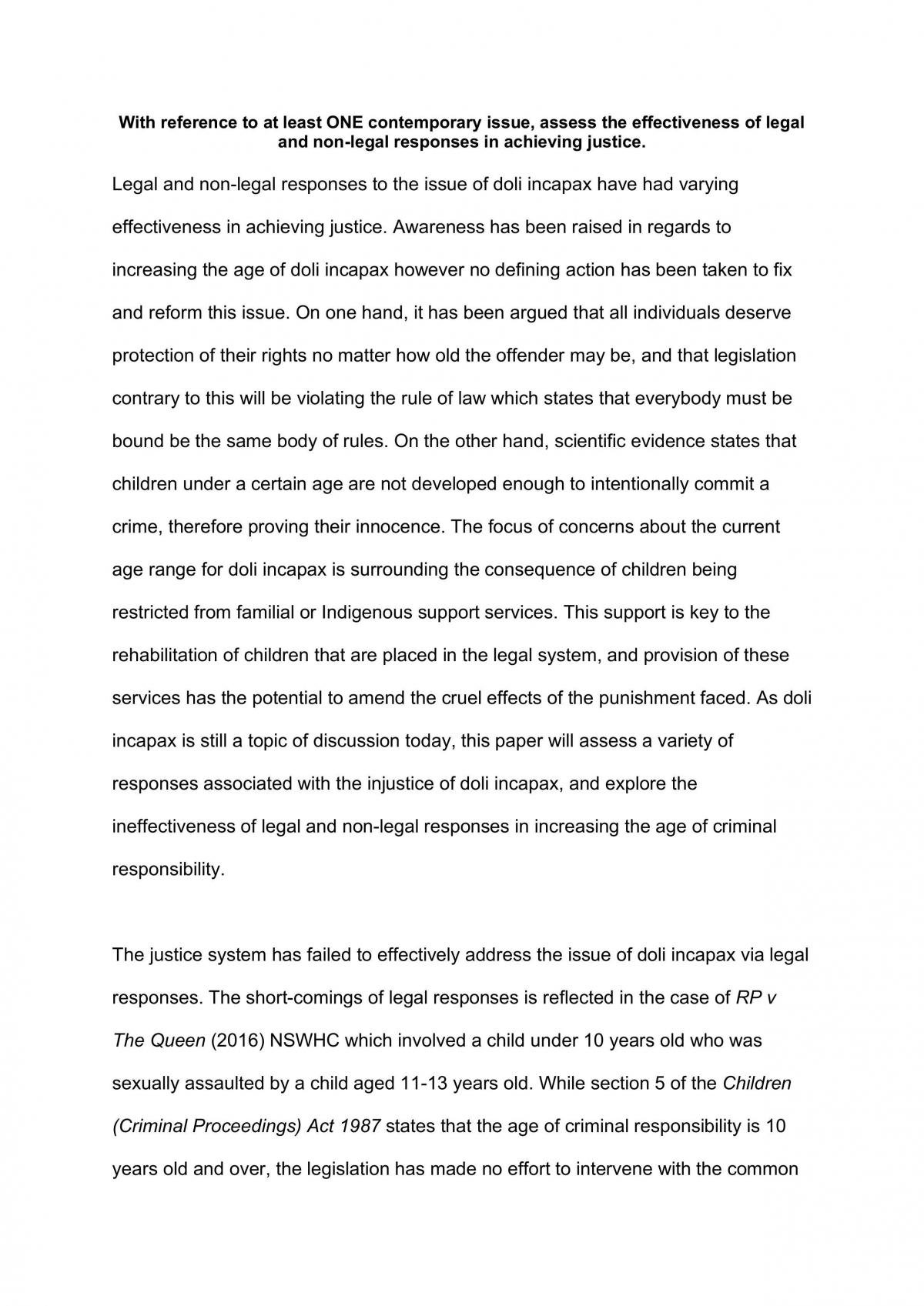 Year 11 Contemporary  Issue Legal Essay (Doli Incapax) - Page 1
