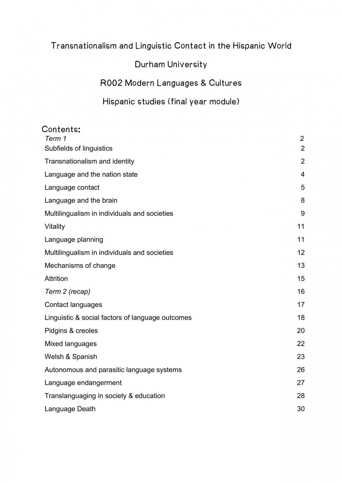 Transnationalism and Linguistic Contact in the Hispanic World Study Notes - Page 1