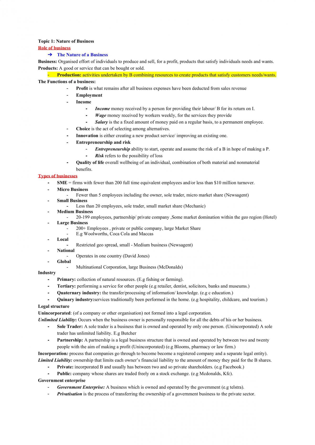 Business Notes Topic 1 - Page 1