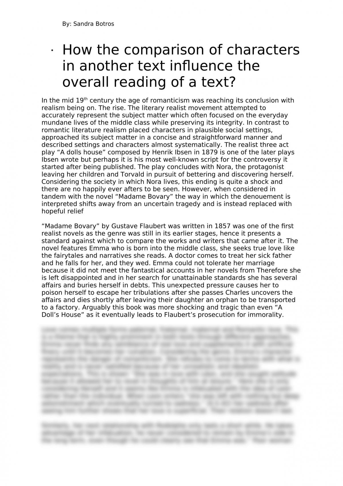 Madame Bovary and A Dolls House Essay  - Page 1