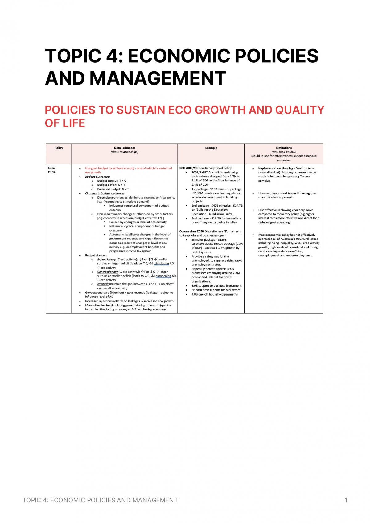 HSC Economics Notes Topic 4 - Page 1