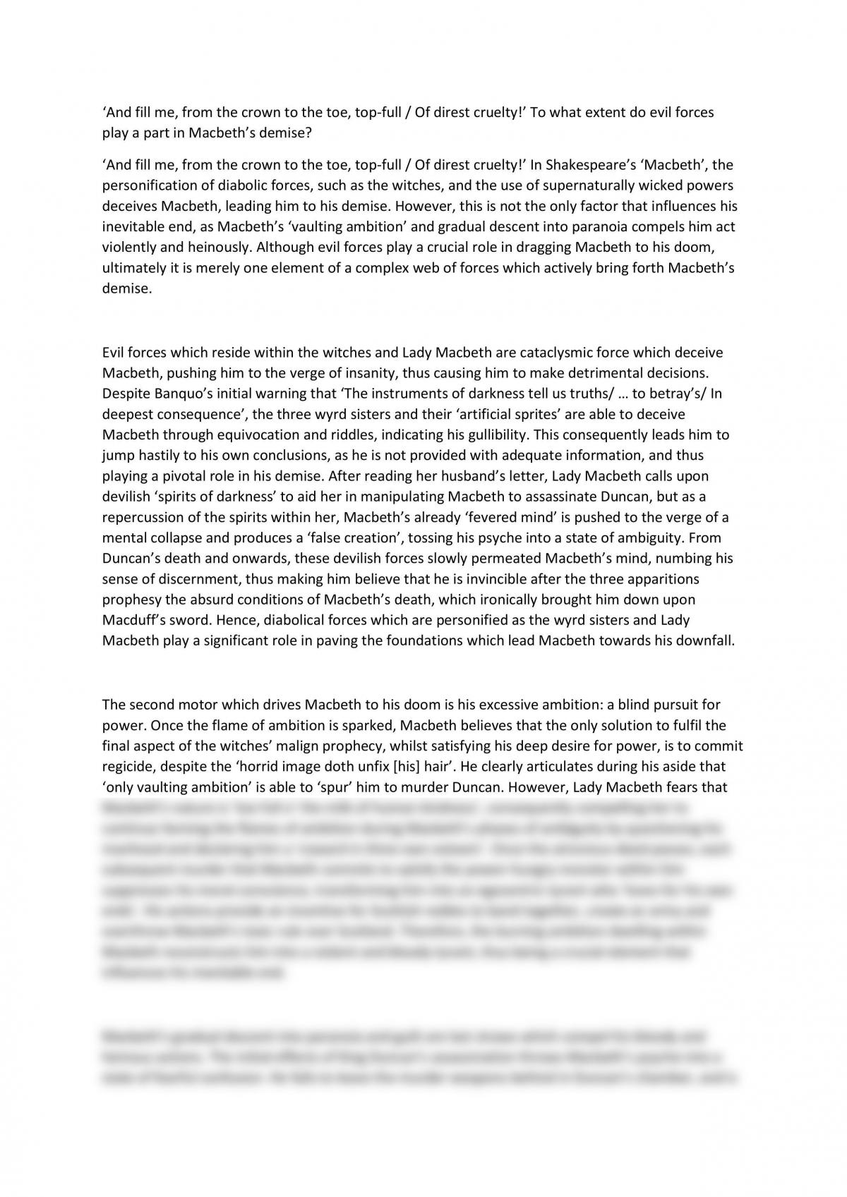 Essay Discussing Extent of Evil Forces Contributing to Macbeth's Demise - Page 1