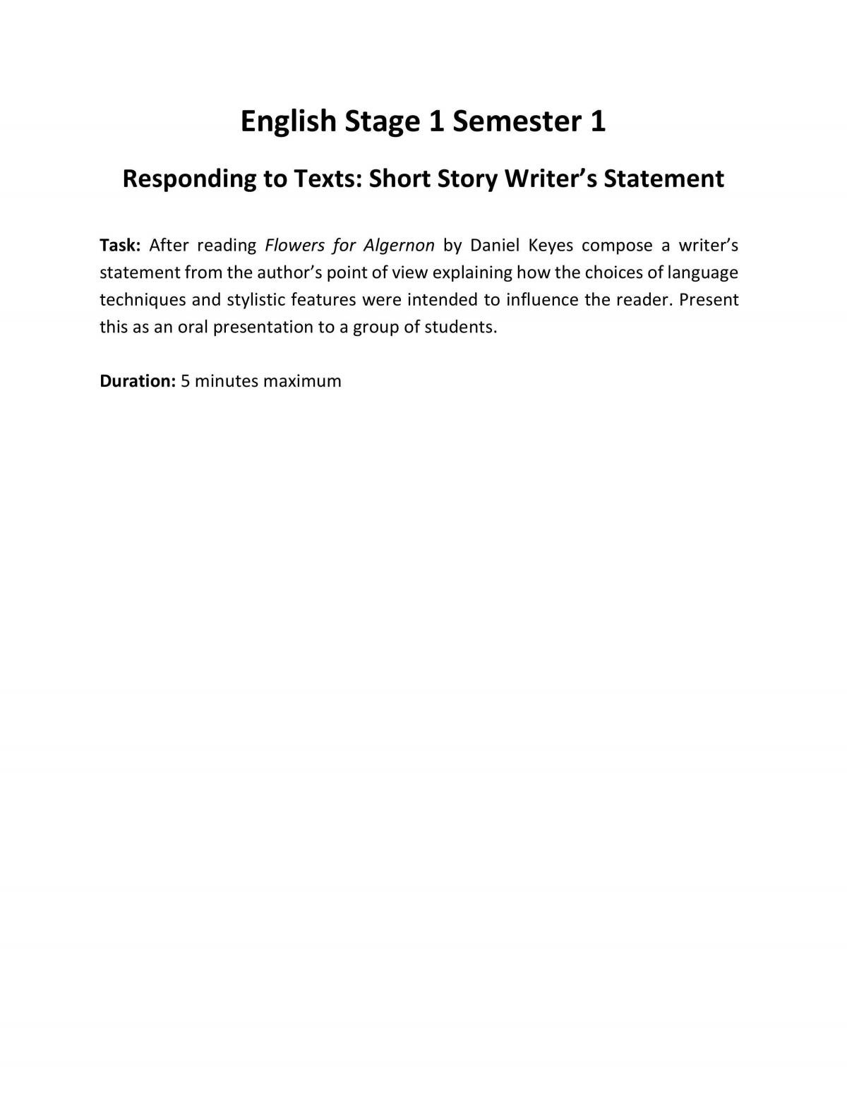Flowers for Algernon Writer's Statement - Page 1