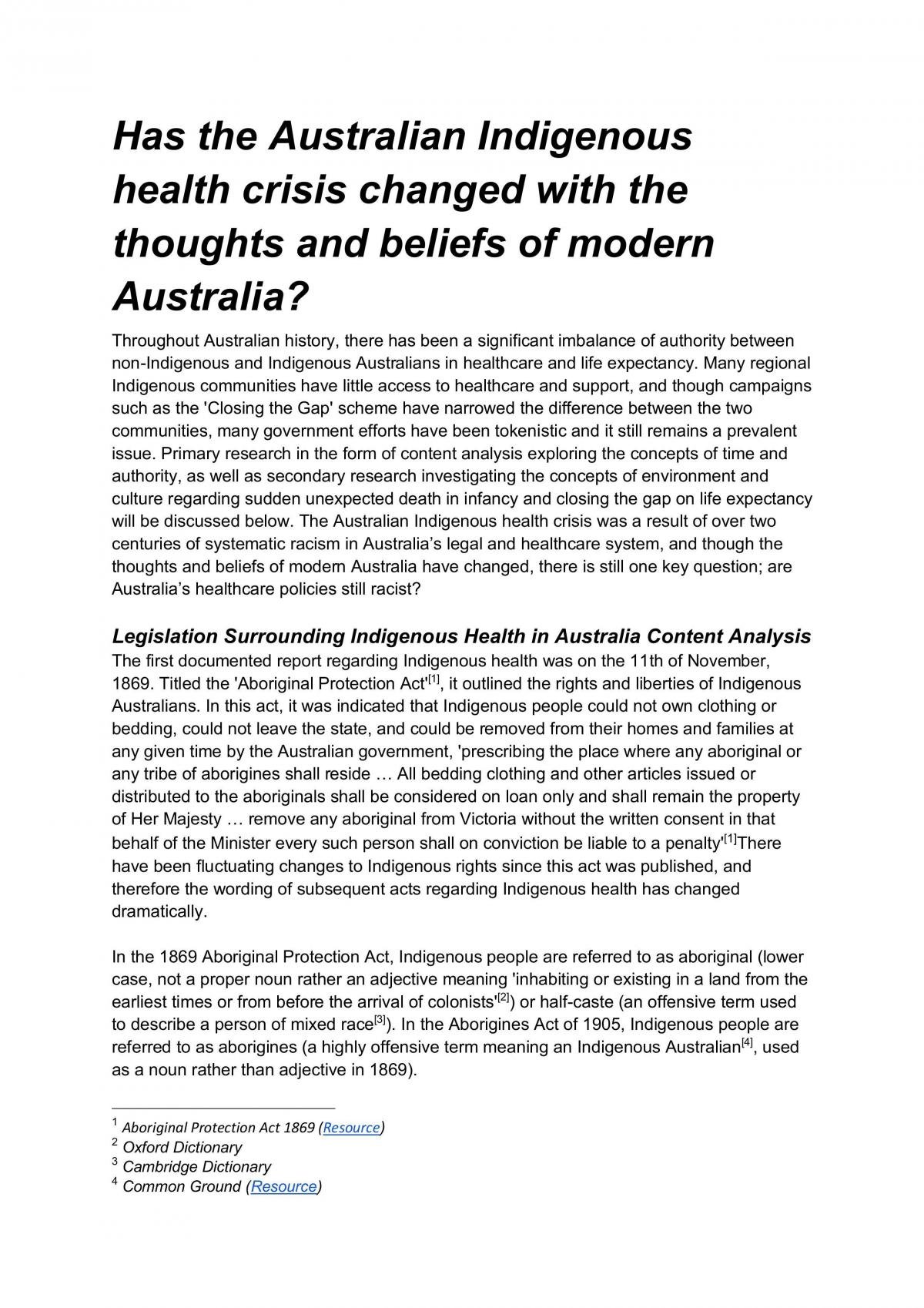 Has the Australian Indigenous Health Crisis Changed with the Thoughts and Beliefs of Modern Australia? - Page 1