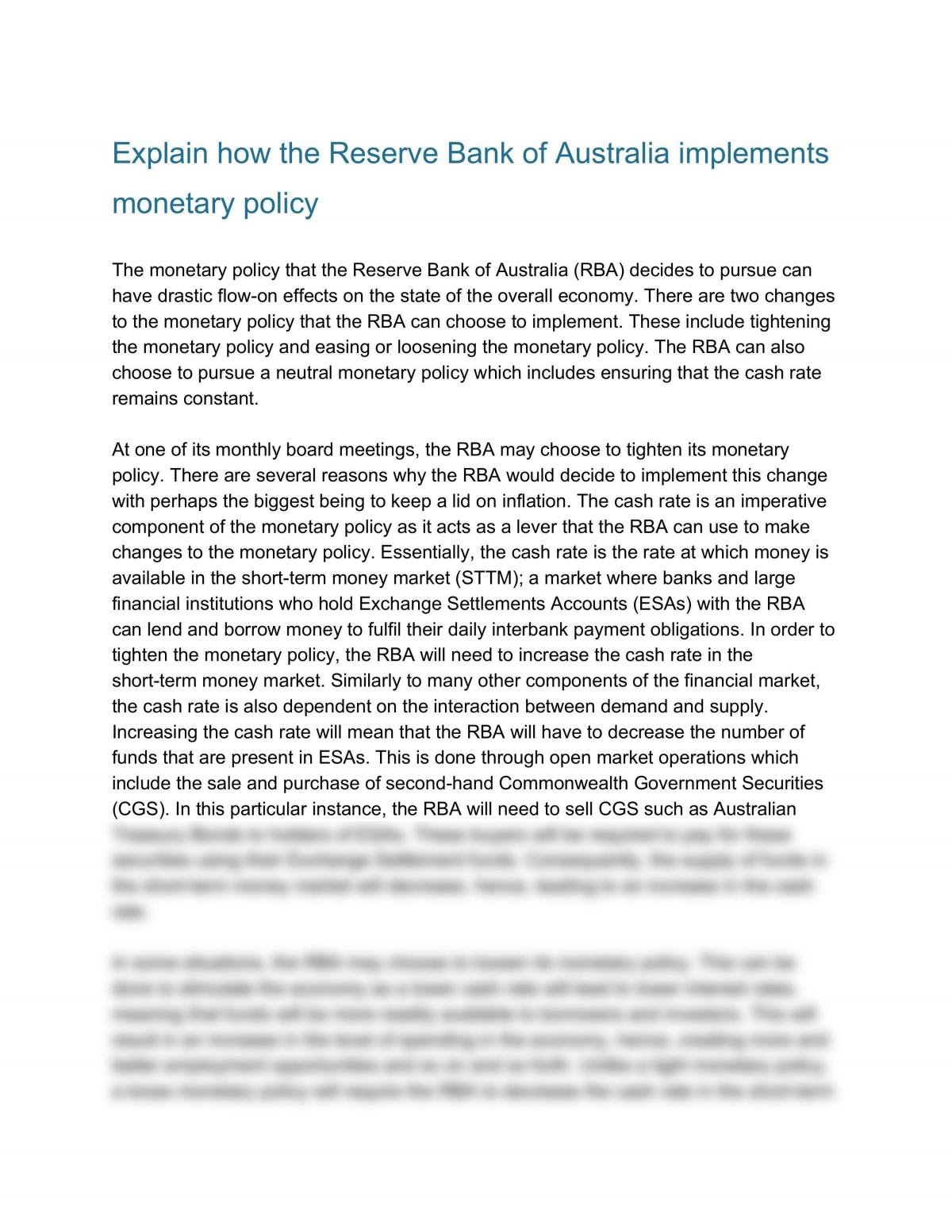 Explain How the RBA Implements Monetary Policy - Page 1