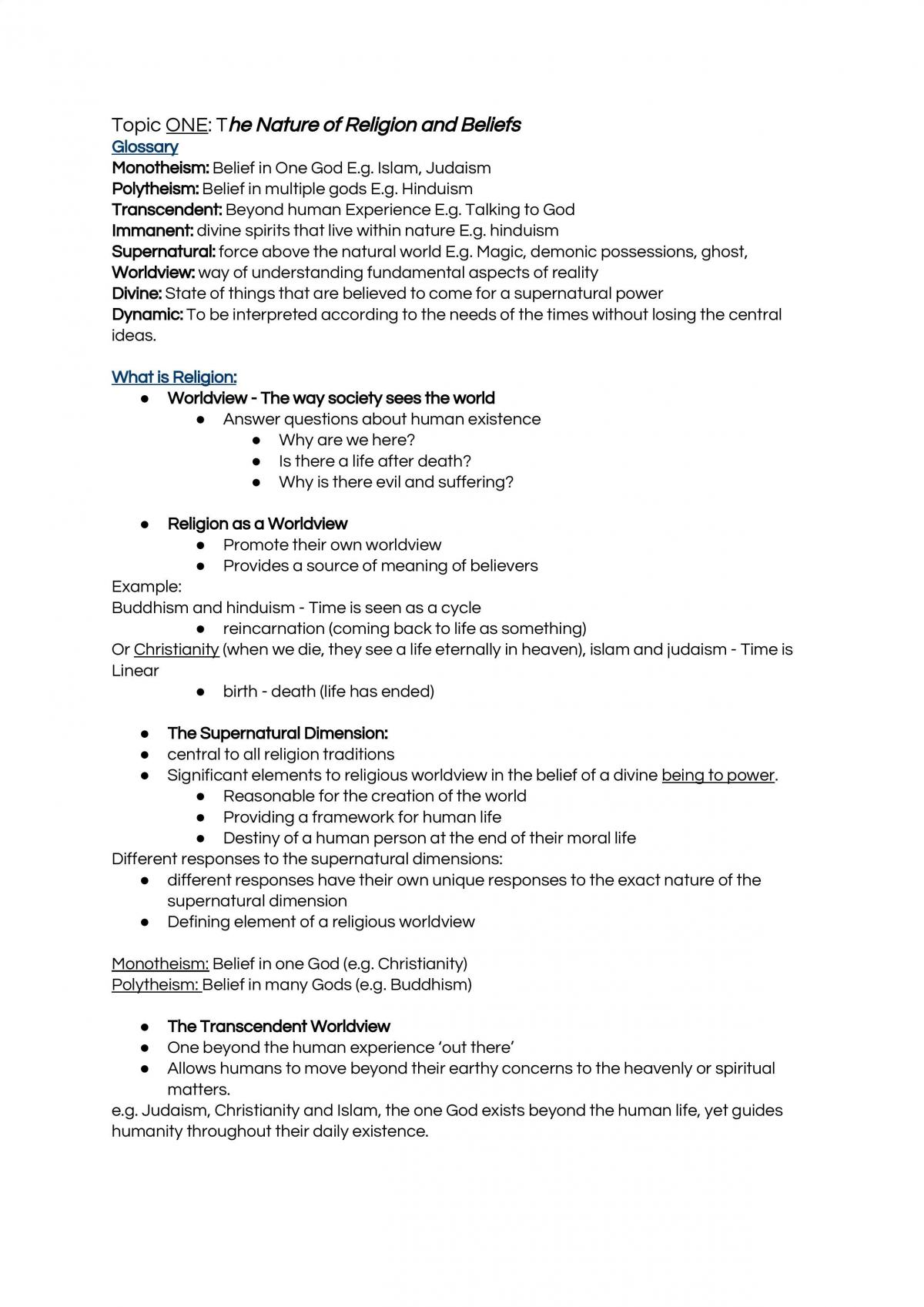 Religion Notes - Preliminary Notes  - Page 1