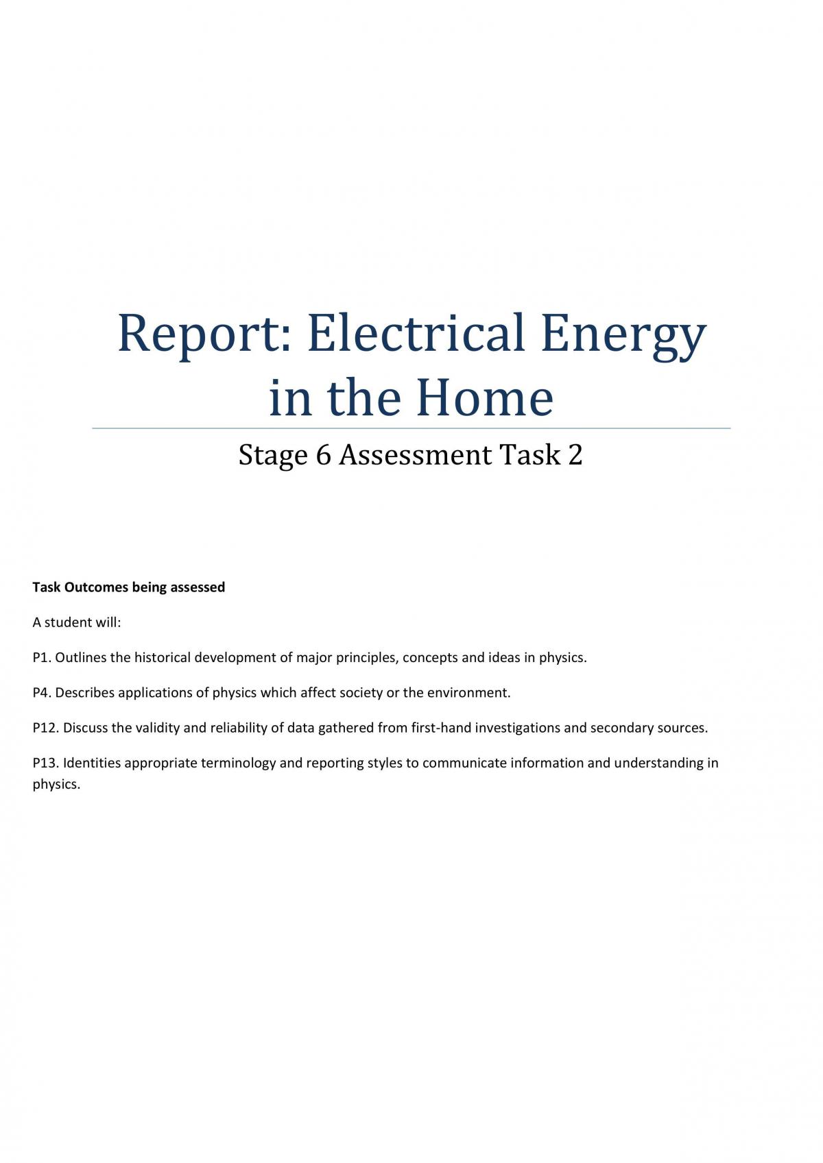 Preliminary Module - Electrical Energy in the Home Report  - Page 1