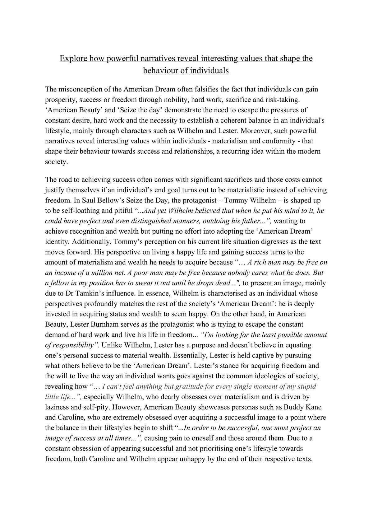 American Beauty and Seize the Day - English Advanced Essay - Page 1