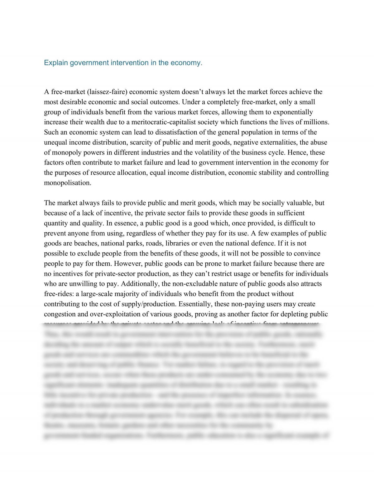 Economics Essay on Government Intervention in the Economy - Page 1