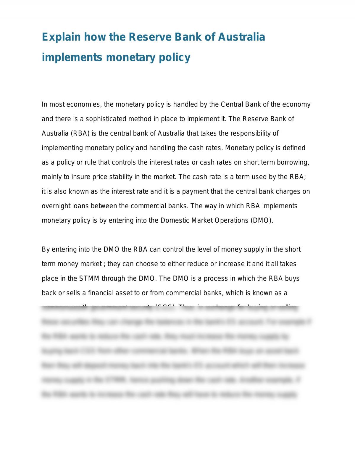 hsc economics monetary policy essay