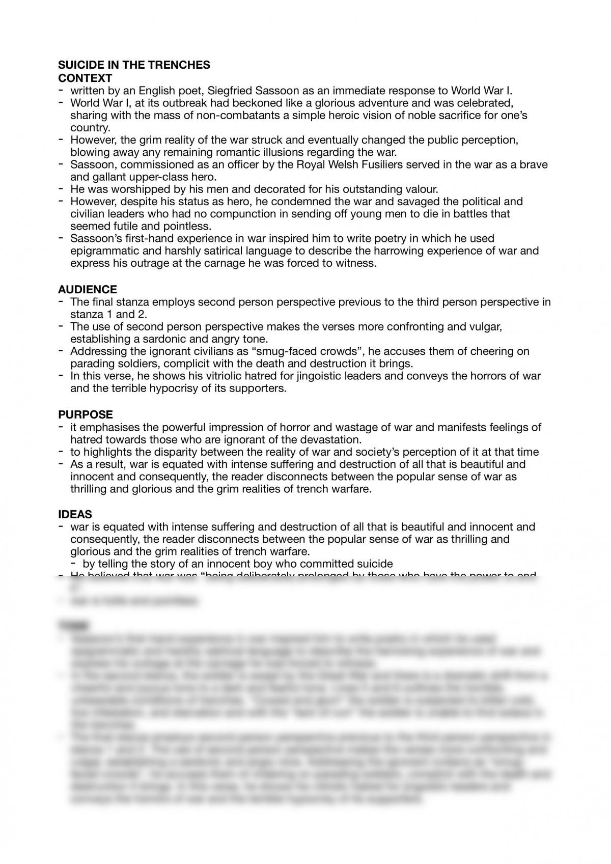 Suicide in the Trenches and Anthem for Doomed youth notes regarding English ATAR syllabus  - Page 1