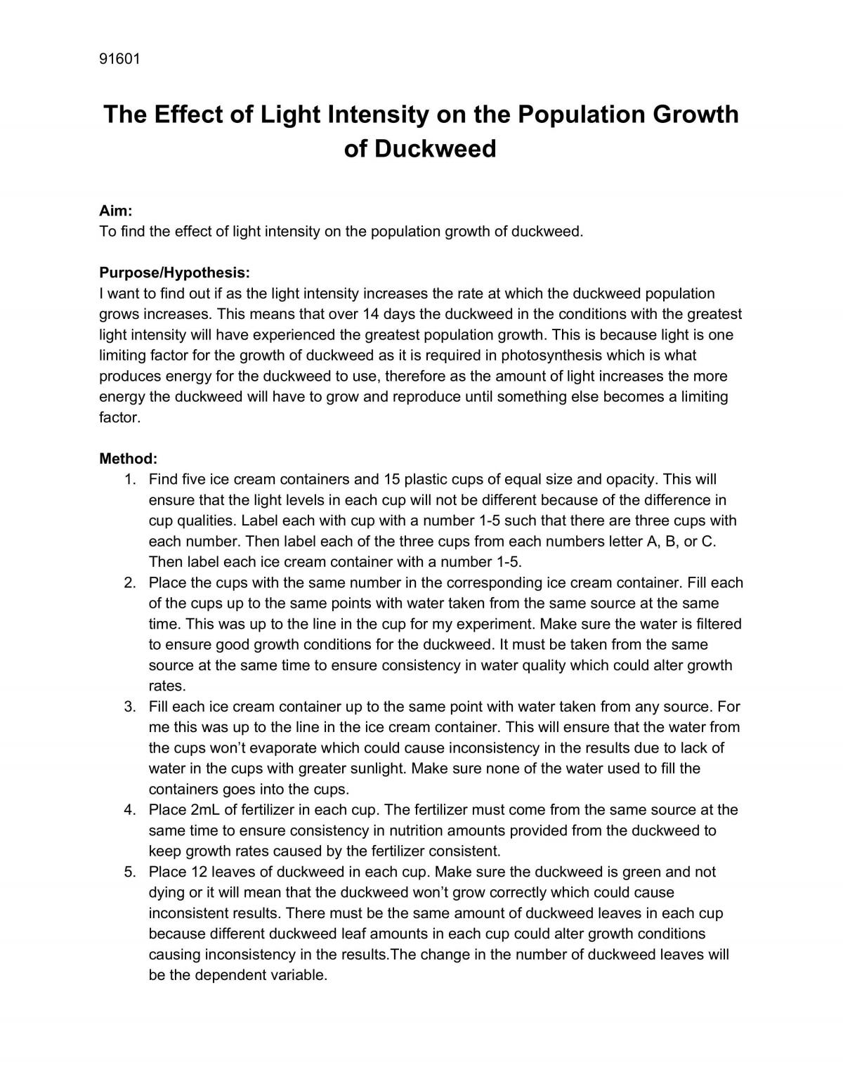 Experiment Write up about the effect of light intensity on duckweed - Page 1