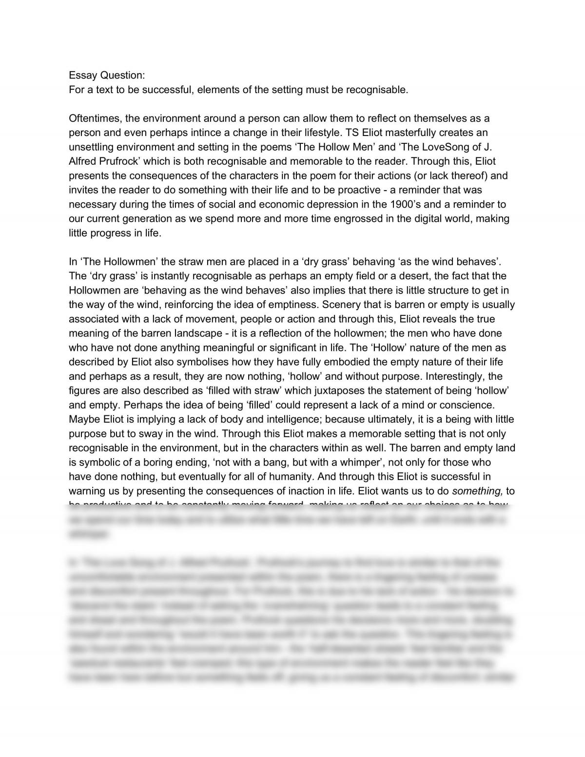 Essay for Level 3 English on J. Alfred Prudck and The Hollowmen by T.S Eliot - Page 1