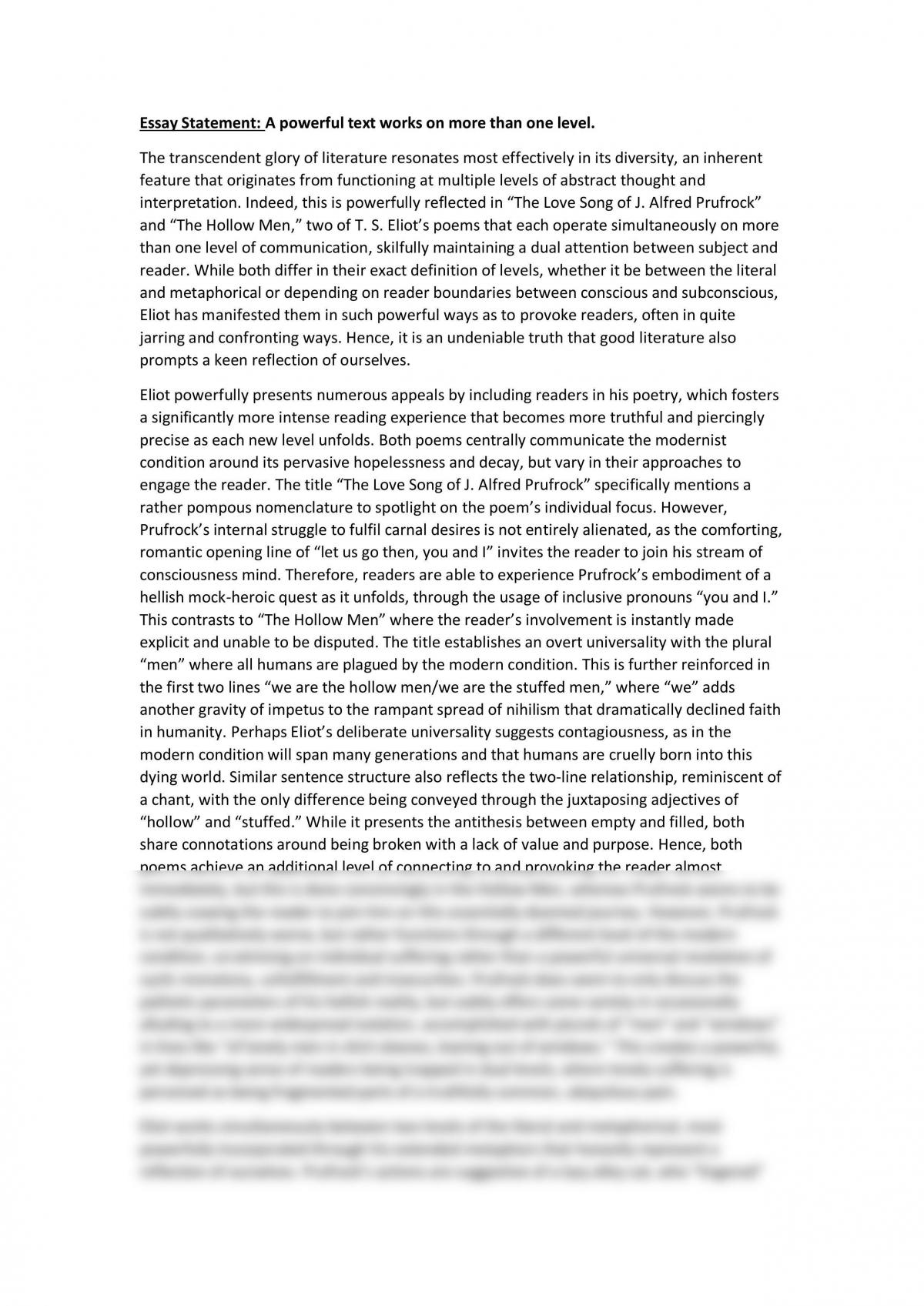 Level 3 Written text essay on two T.S.Eliot poems - Page 1