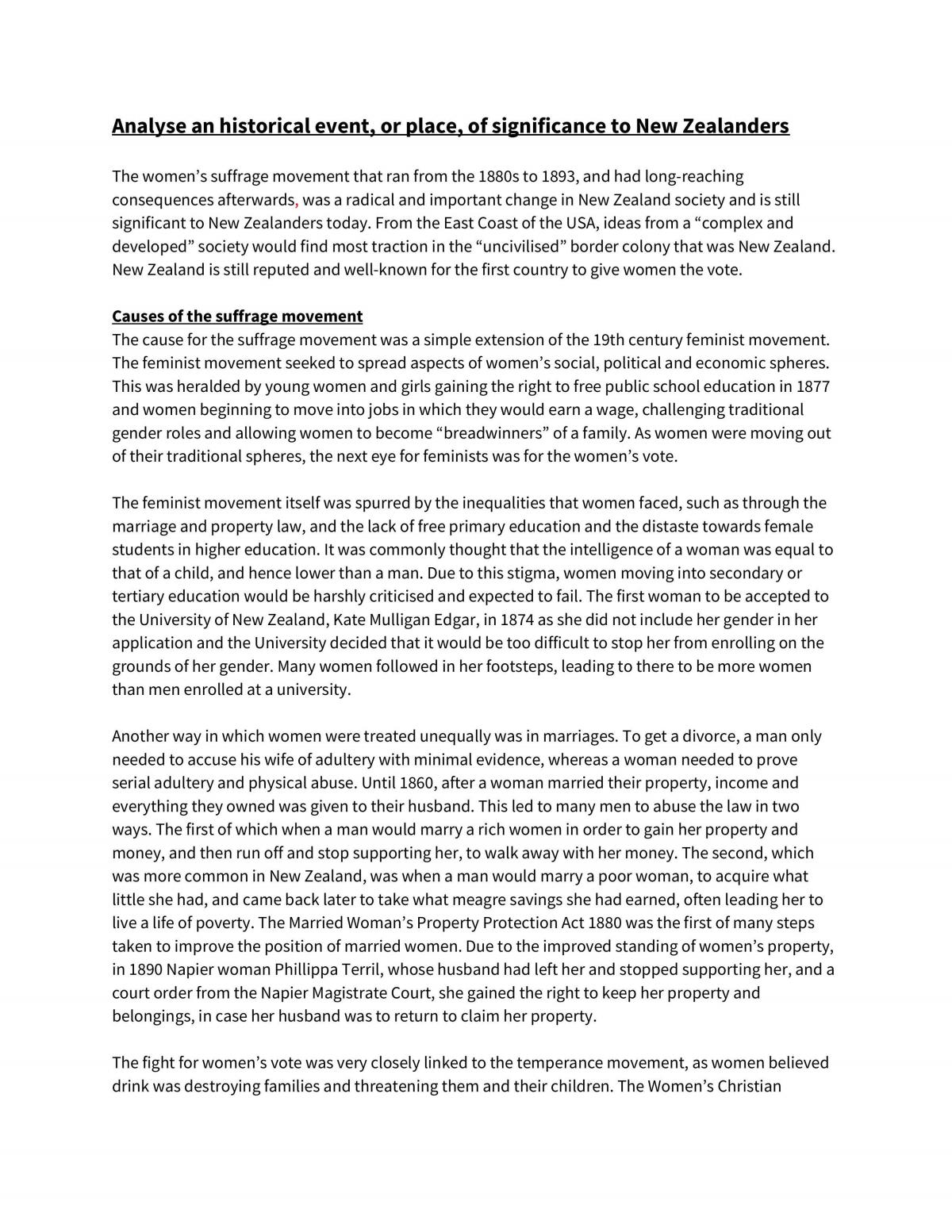 Essay discussing the Women's Suffragette Movement in NZ - Page 1