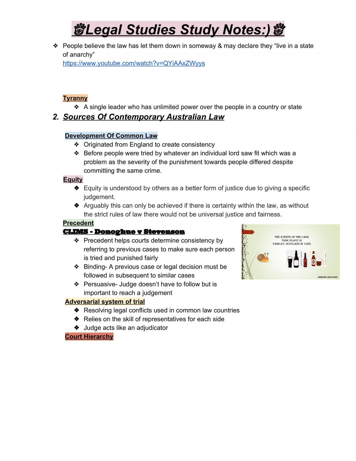Prelim Legal Studies Study Notes | Legal Studies - Year 11 HSC | Thinkswap