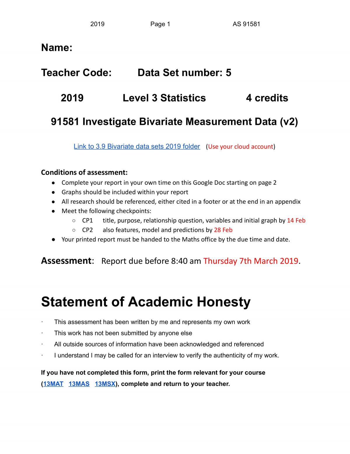 AS91581 Investigate Bivariate Measurement Data - Excellence example from scholarship student - Page 1