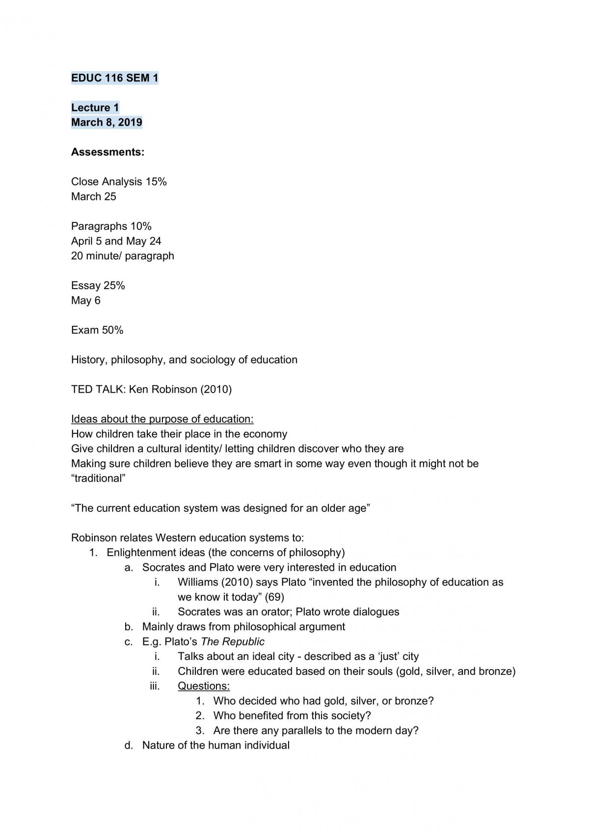 Introduction to Educational Thought - EDUC 116 Notes - Page 1