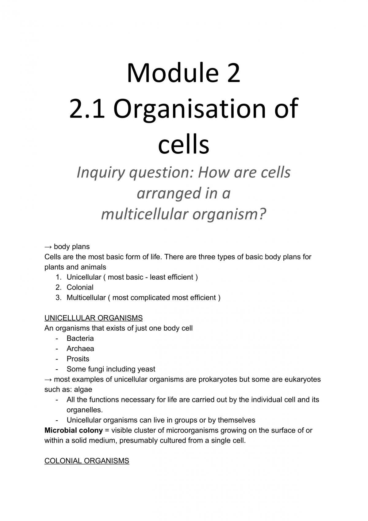 Module 2 Organisation of Cells Notes  - Page 1