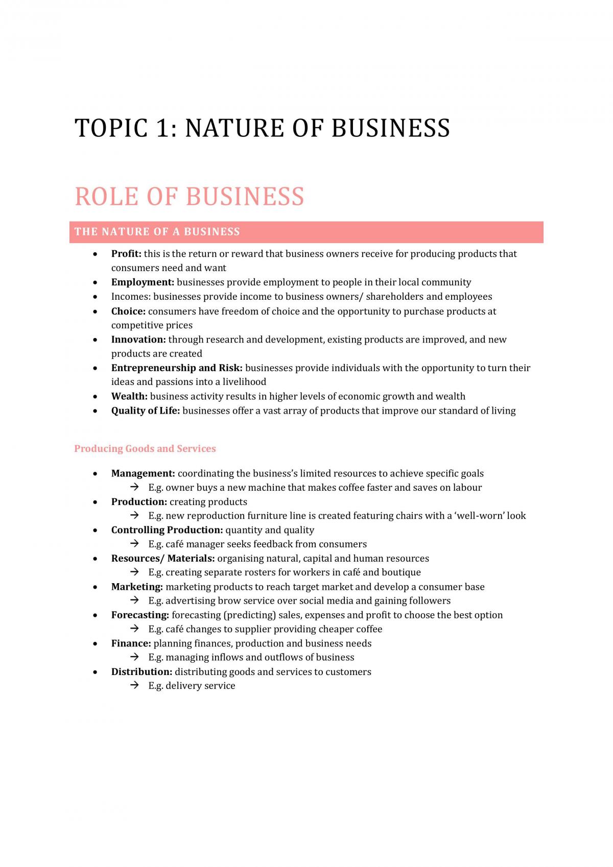 Business Studies Notes - Topic 1: Nature of Business - Page 1