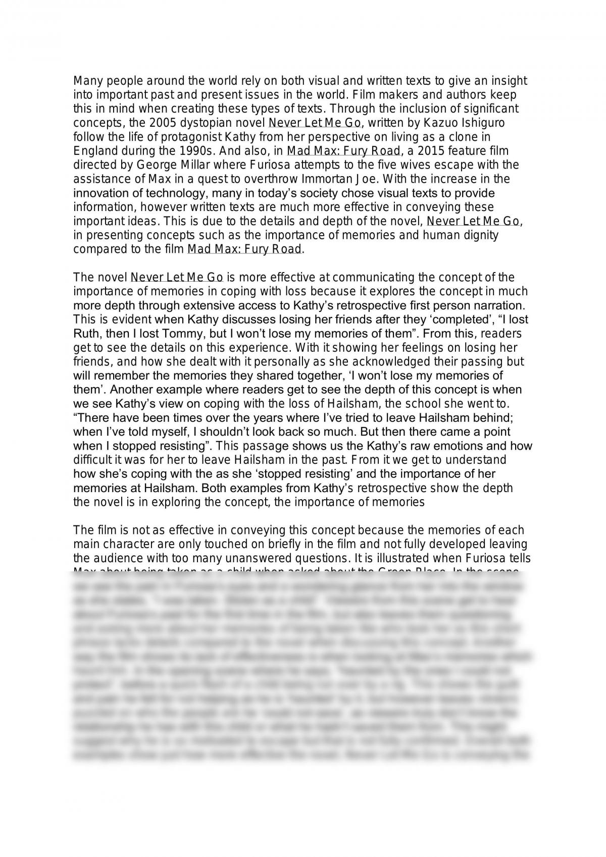 Comparison Essay with Mad Max Fury Road and Never Let Me Go - Page 1