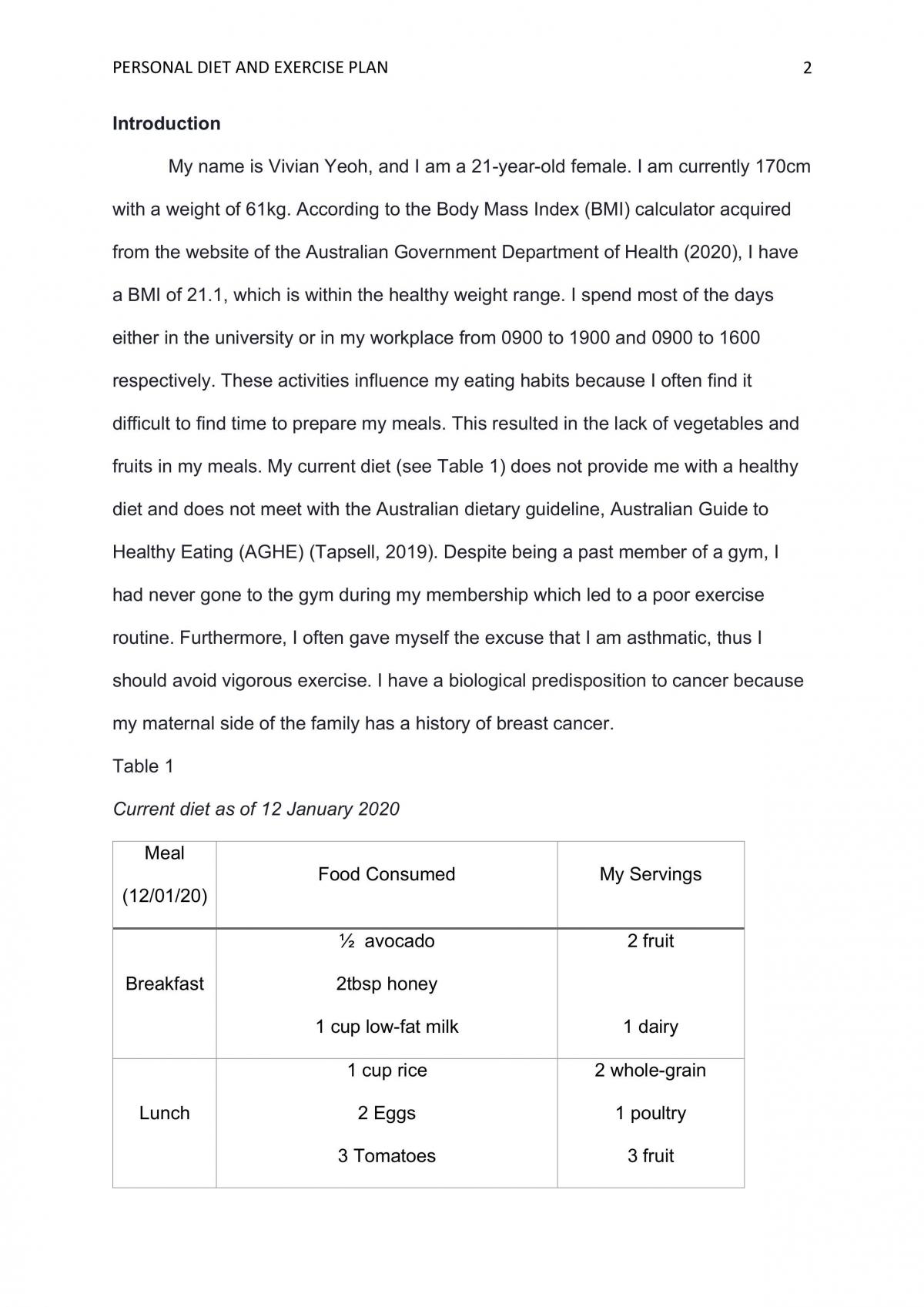NUTR1023: Personal Diet and Exercise Plan - Page 1