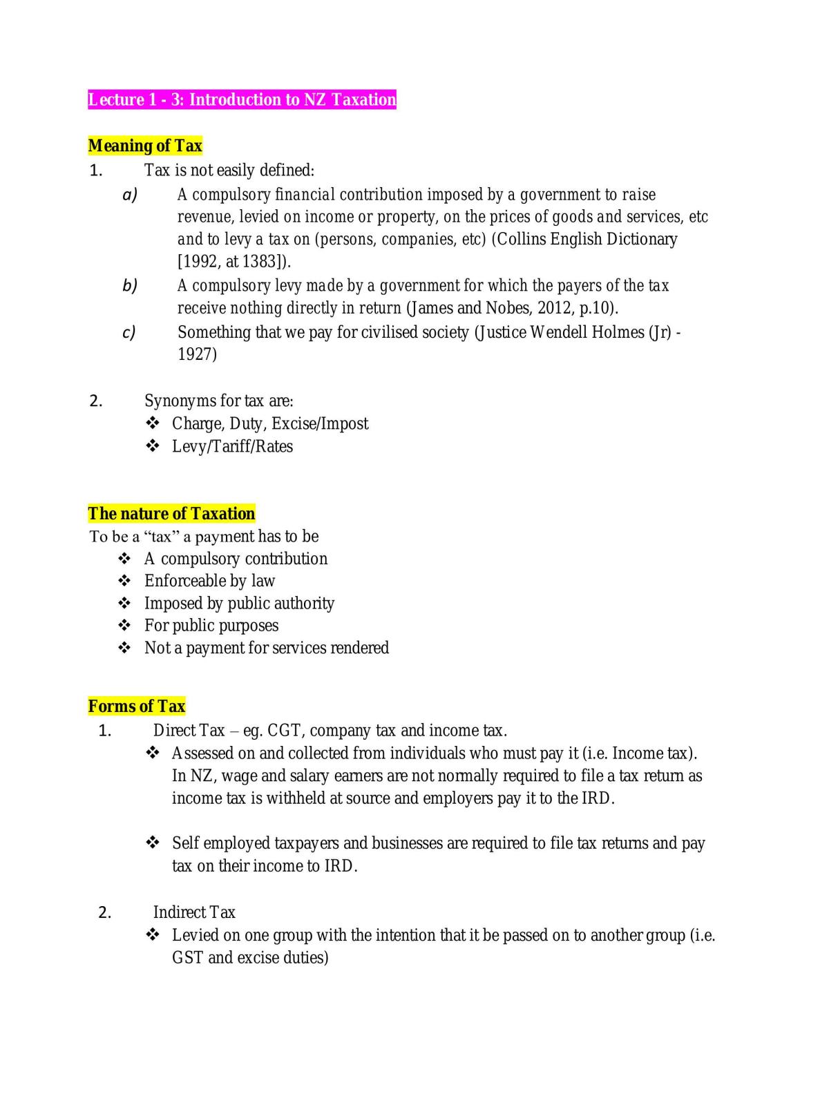 Taxation for Accounting Studies Week 1 to Week 11 Notes - Page 1