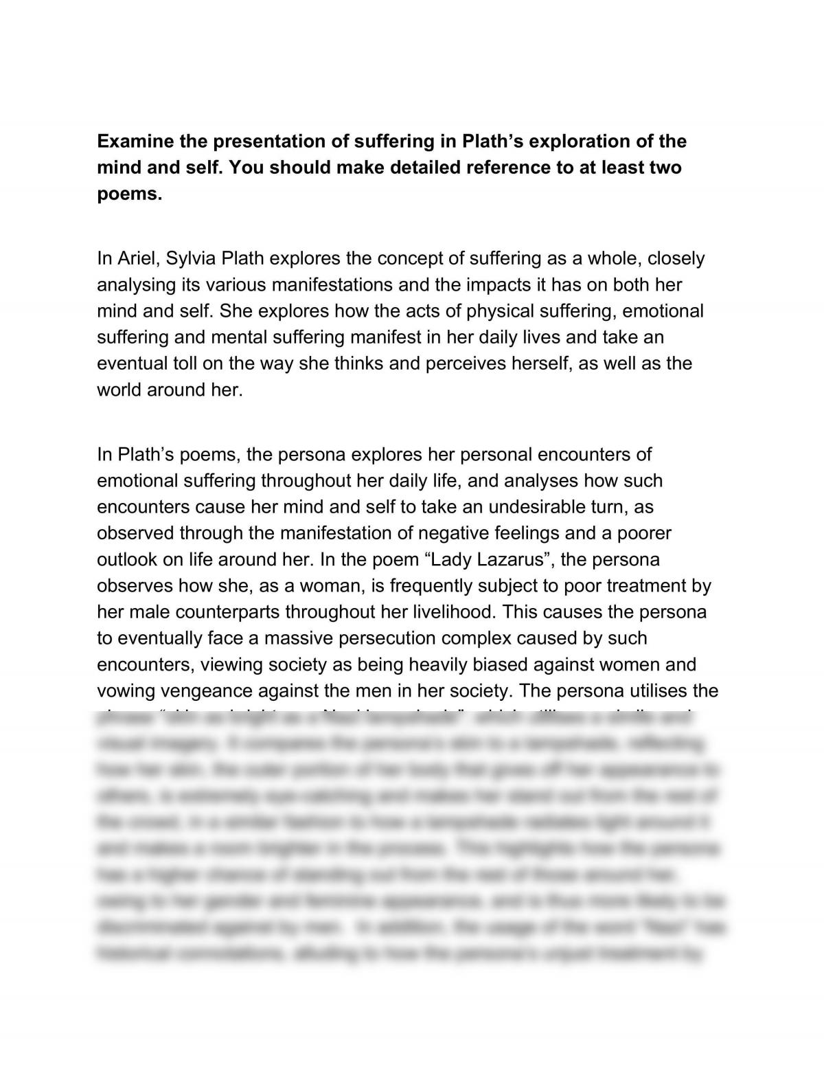 Essay on: Presentation of suffering in Plath - Page 1