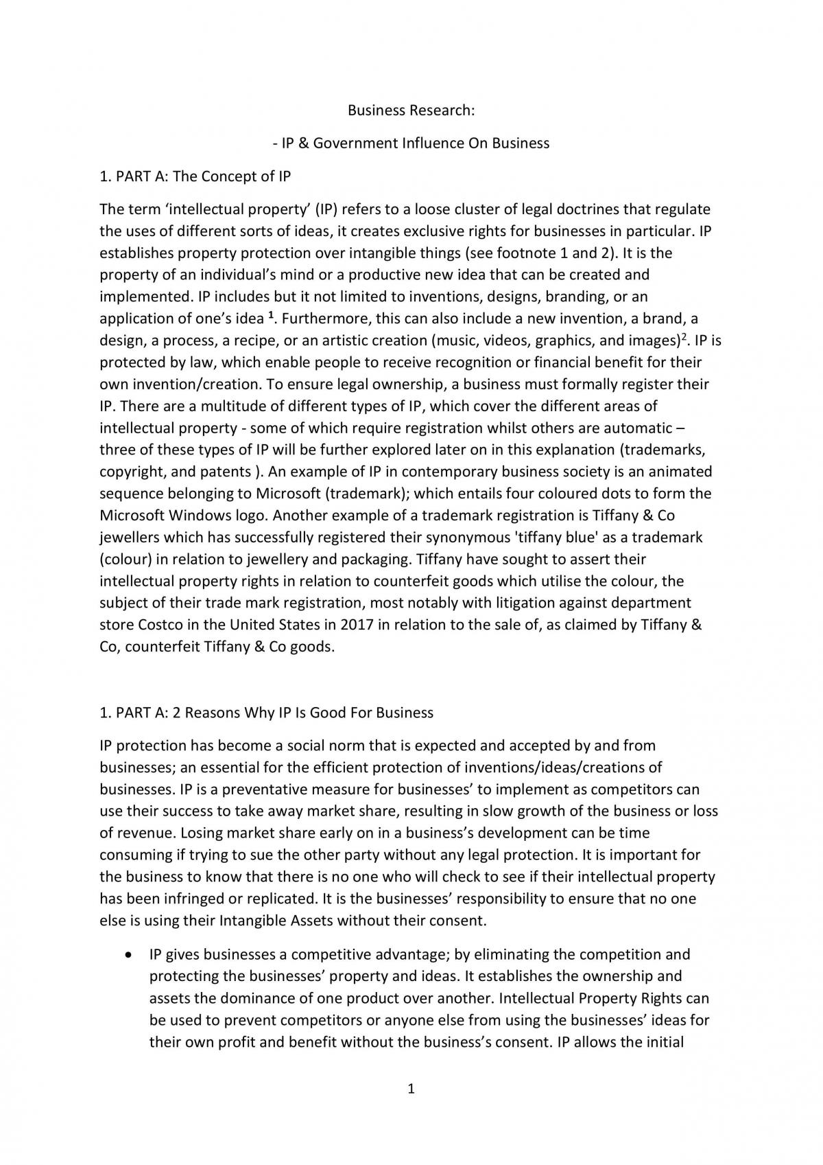 Business Research - Intellectual Property (IP) and Government Influence on Business - Page 1