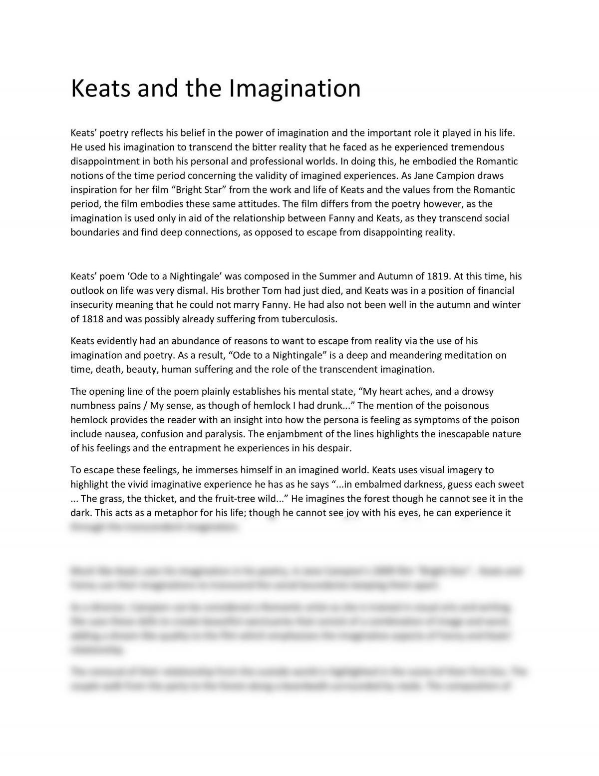 Keats and the Imagination Speech  - Page 1
