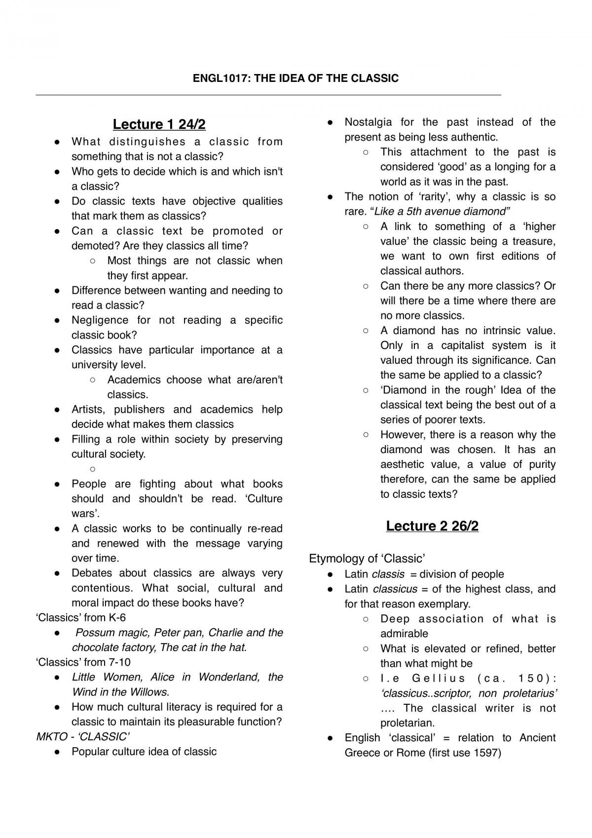 The Idea of the Classic Comprehensive ENGL1017 study notes - Page 1