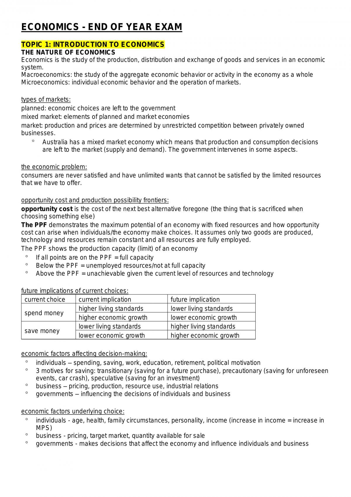 Year 11 Economics Yearly Notes - Complete - Page 1